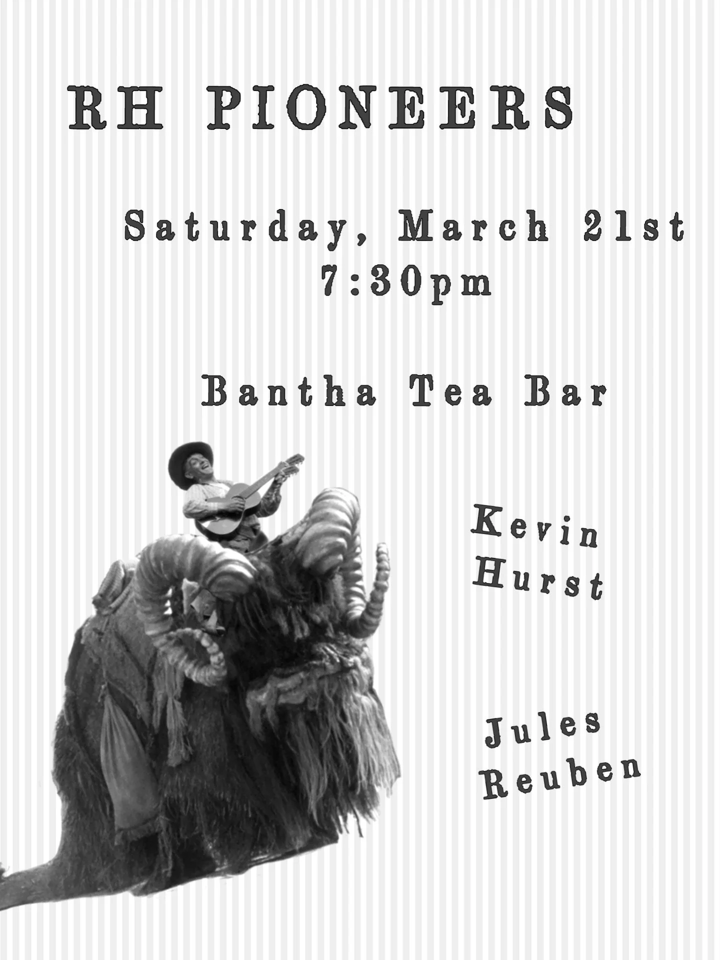 RH Pioneers (@rh_pioneers) playing indie folk tunes Saturday, March 21st 🦬🪕 + Kevin Hurst and Jules Kessler (@jules_reuben)

7:30 PM start