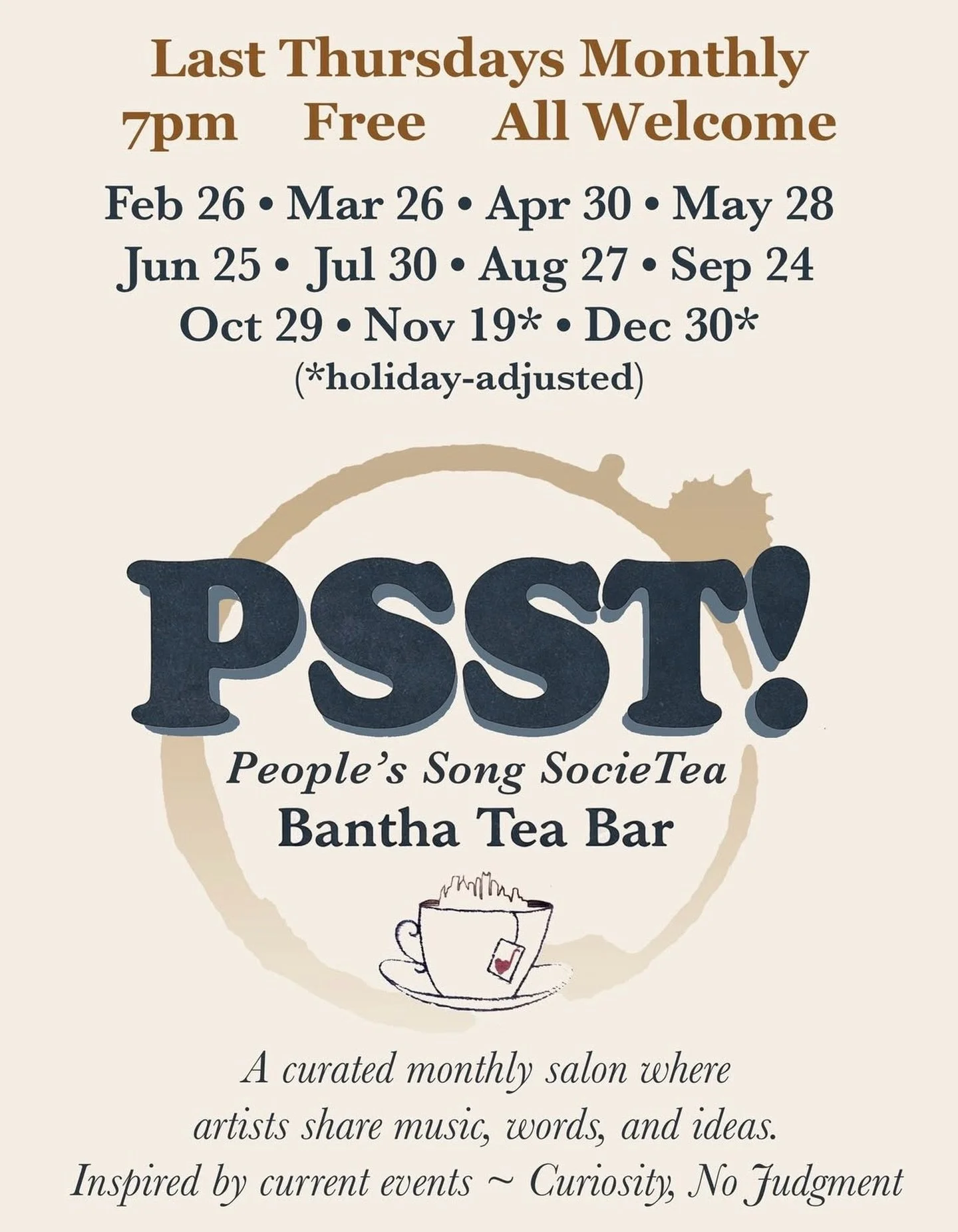 PSST! (People&rsquo;s Song SocieTea) second event happening March 26 at 7 PM - free to attend ✨