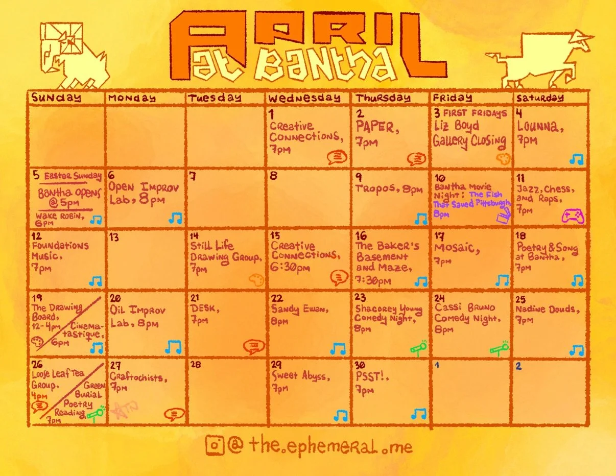 🐐🔸🧡APRIL AT BANTHA🧡🔸🐂

Bantha will be open and serving drinks the entire time! Yes even at night time! (you can come in and get a drink even if you are not attending an event)

if you have an idea for an event of your own, send us a dm or email