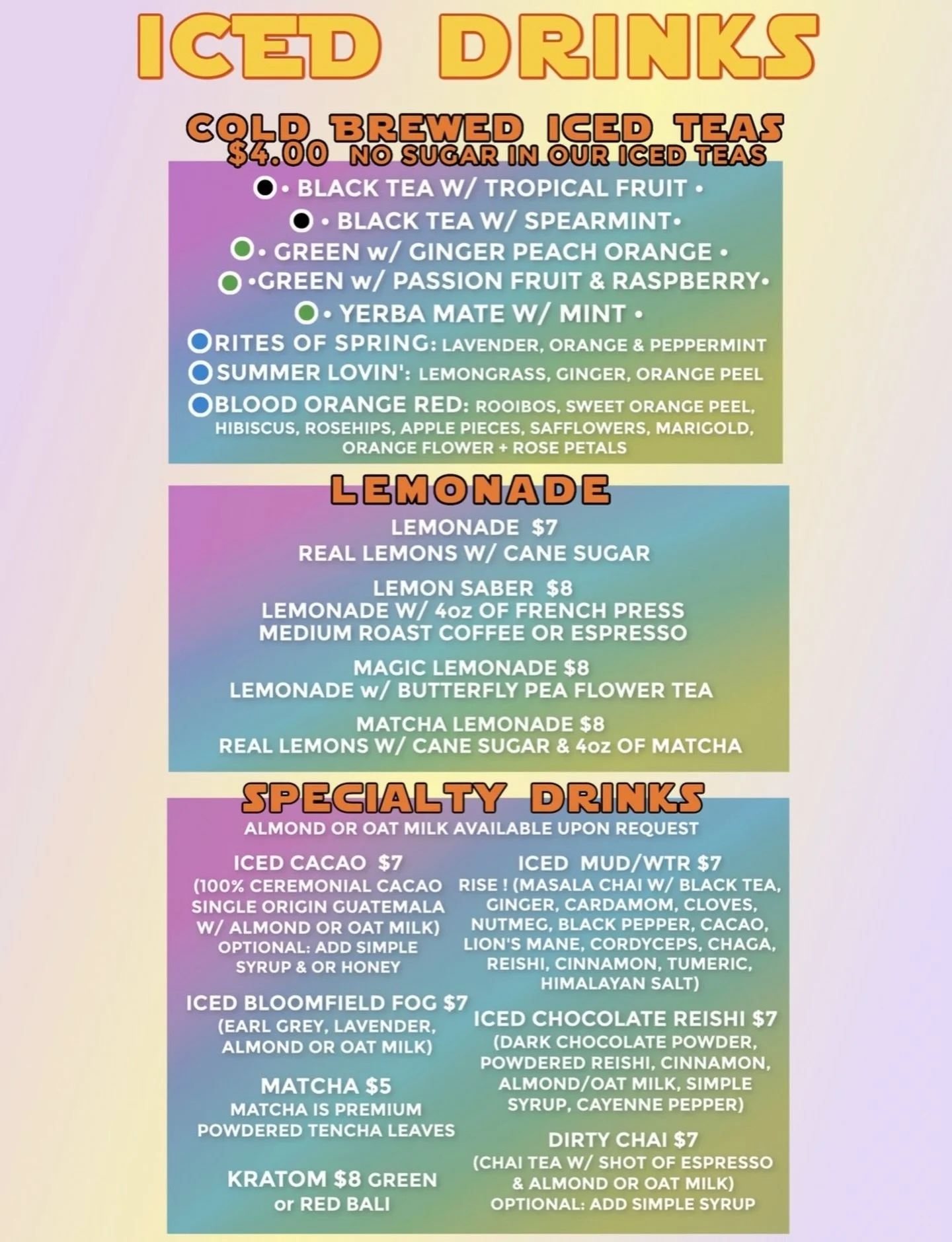 The iced drink menu is back!!! My fav is iced cacao 😋

(Hot drinks still available year round)