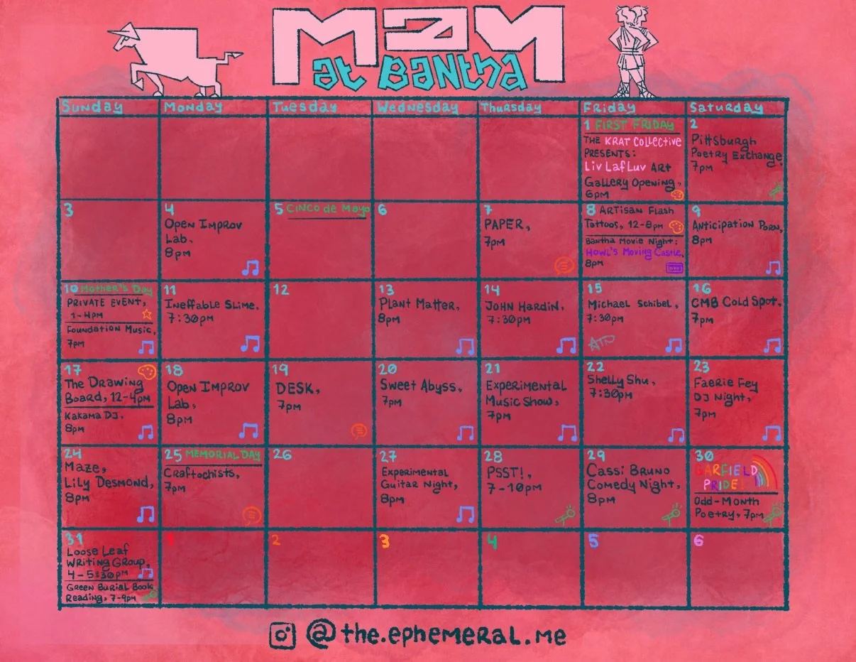 🐂&diams;️👯&zwj;♀️ May at Bantha 👯&zwj;♀️&diams;️🐂

Bantha will be open and serving drinks the entire time the event is going on! (you can come in and get a drink even if you are not attending an event)

if you have an idea for an event of your ow