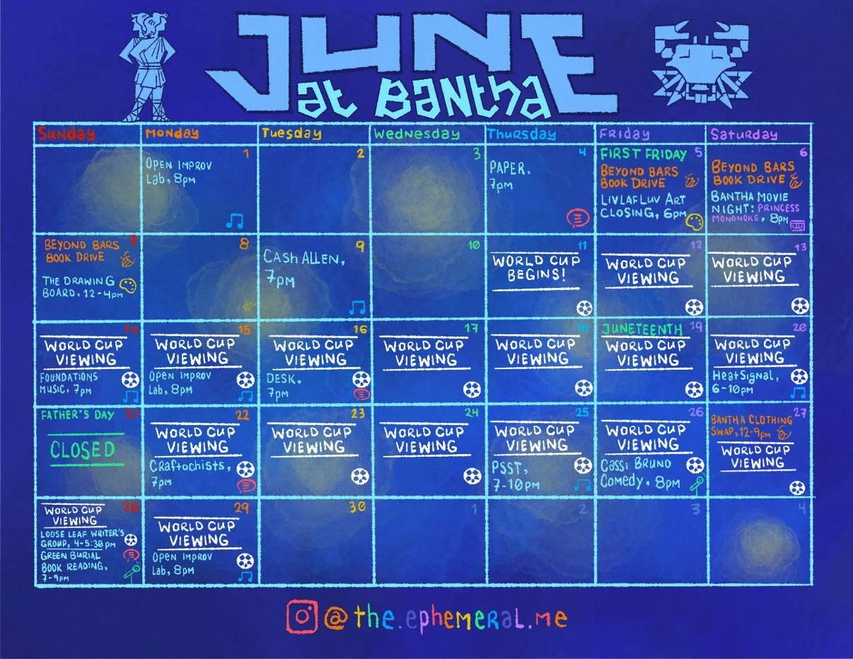 👯&zwj;♀️ JUNE AT BANTHA 🦀 

Bantha stays open and serving drinks during all events - anyone is welcome to come in and get a drink/bite, even if you aren&rsquo;t attending an event

Have an idea for an event of your own? Send us a dm or email. All e