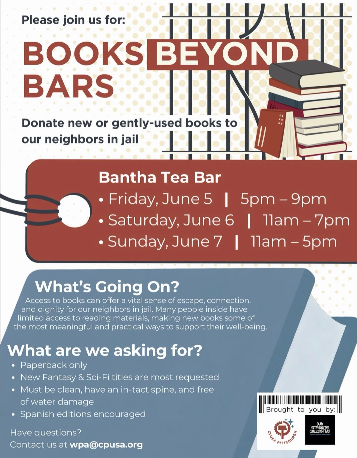 Books Beyond Bars by @pittsburghcpusa and @our_streets_collective happening this weekend! June 5th-7th! 📚☕️