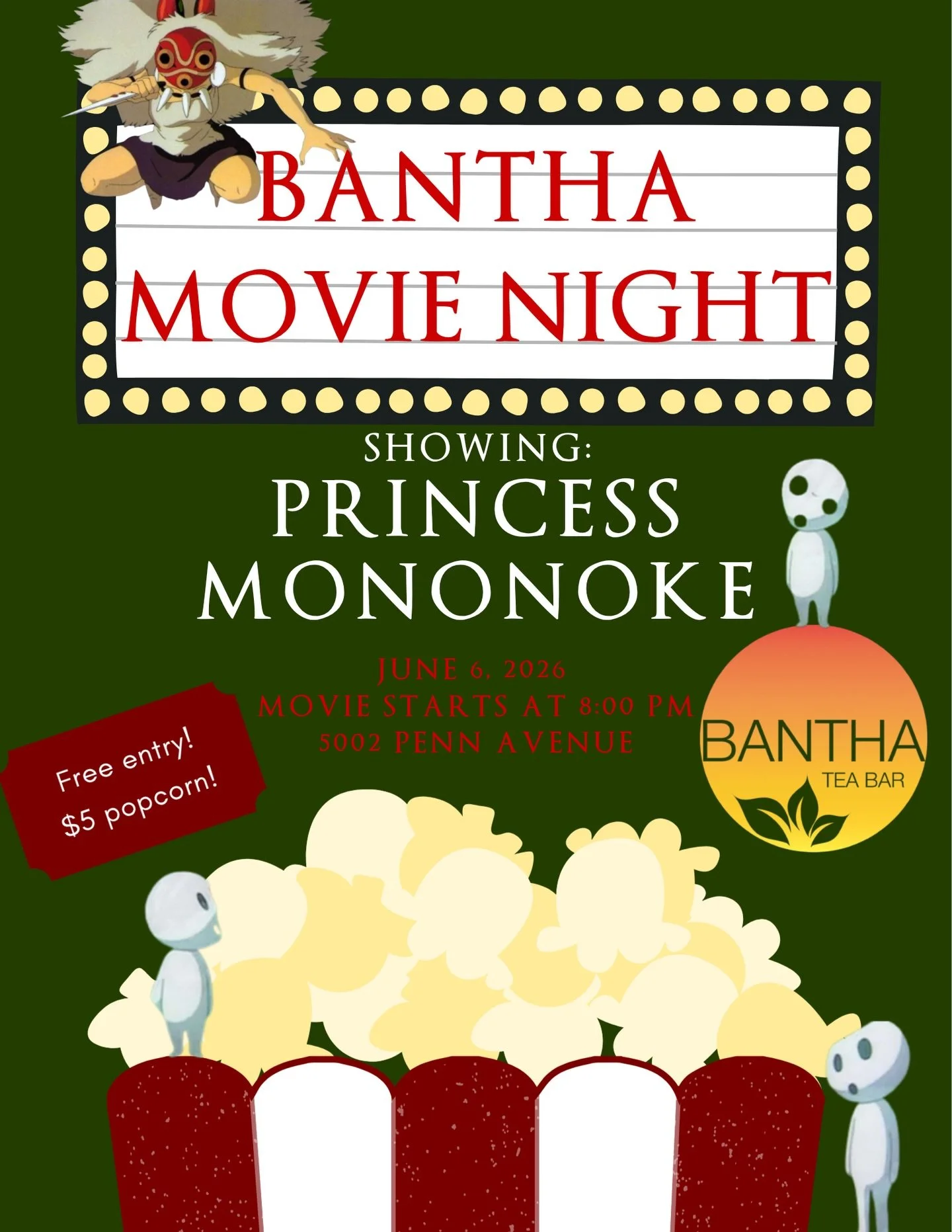 Come watch Princess Mononoke with us this Saturday, June 6th at 8 PM. Visit the link in our bio to reserve a seat for free - you can also reserve a ticket at the door but it will be first come first serve 

$5 popcorn! Drinks and food available from 