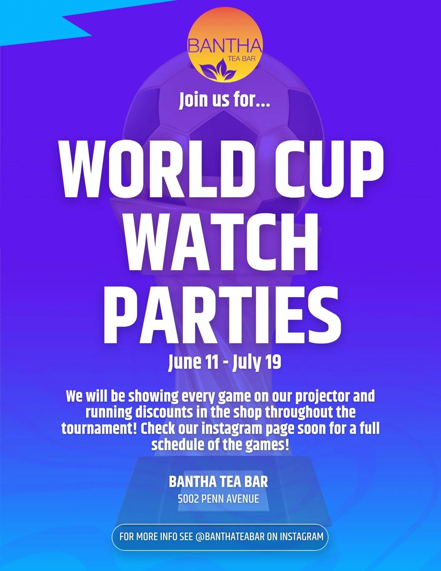 World Cup Watch Party starts June 11th!!! ⚽️⚽️⚽️ on our projecter every day! World Cup-related discounts will be available 😌 stay tuned for more