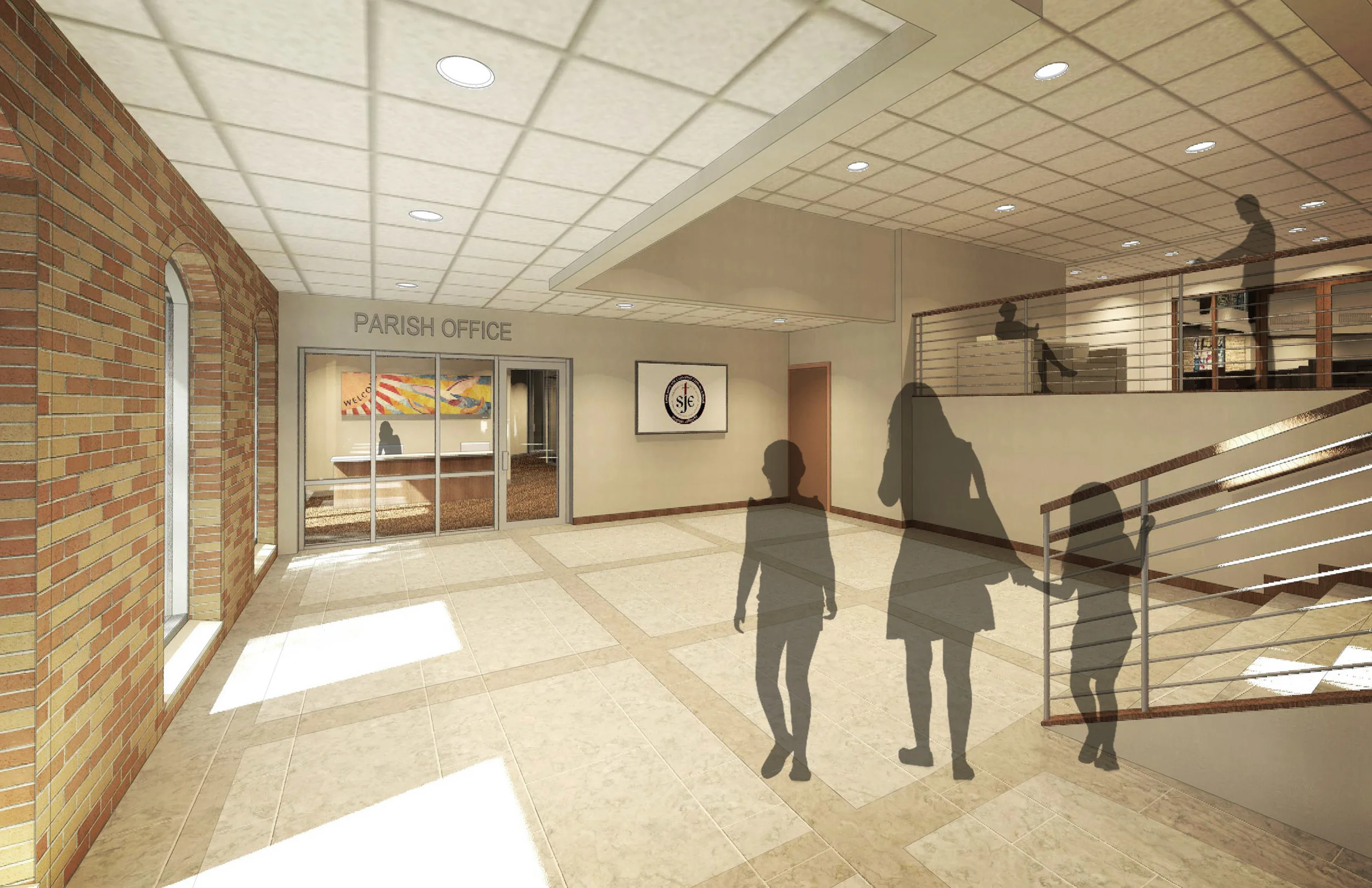 Church lower foyer looking toward new professional Parish Offices.
