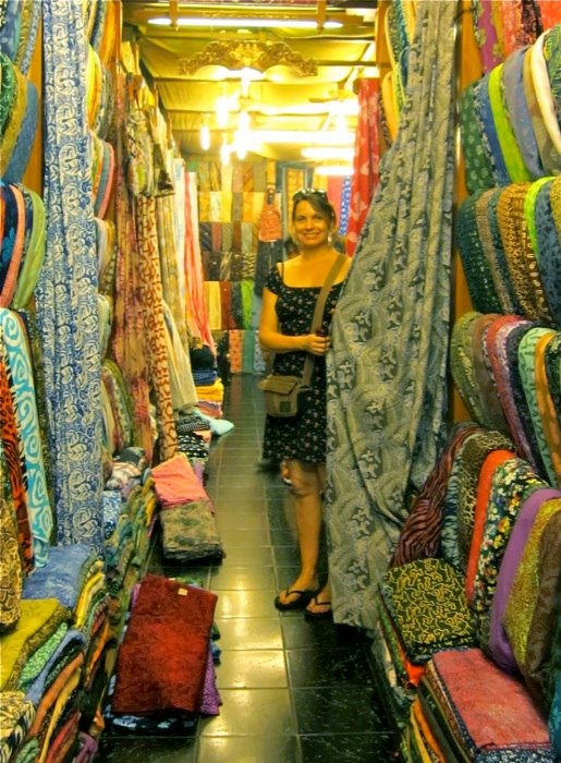 Jill shopping for batik fabric
