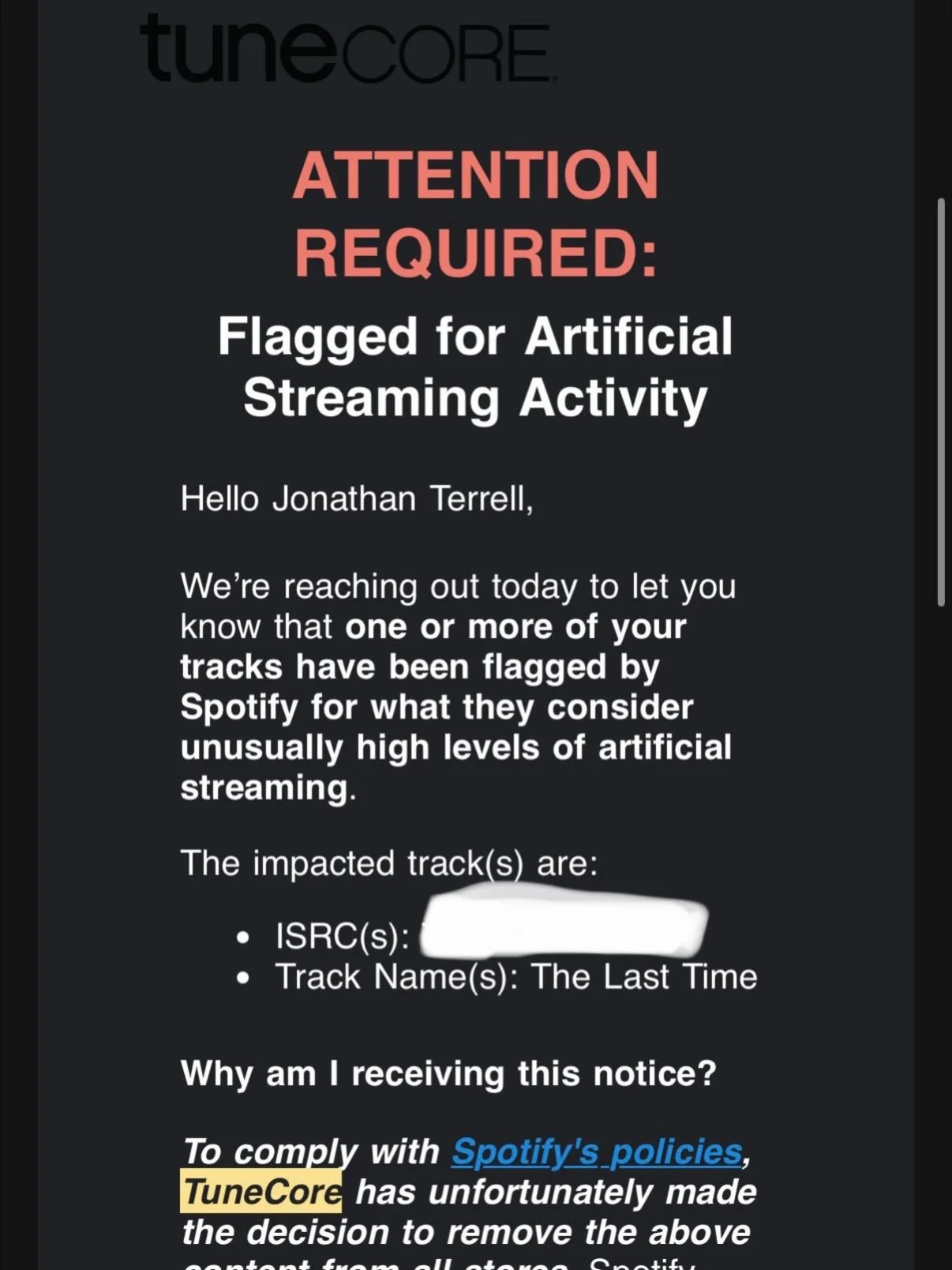 @tunecore pulled my Westward album from all platforms due to a spike in unwarranted artificial streaming of my song &ldquo;The Last Time&rdquo;. According to @spotify  @spotifyforartists policies. I&rsquo;ve never paid for any playlisting services. E