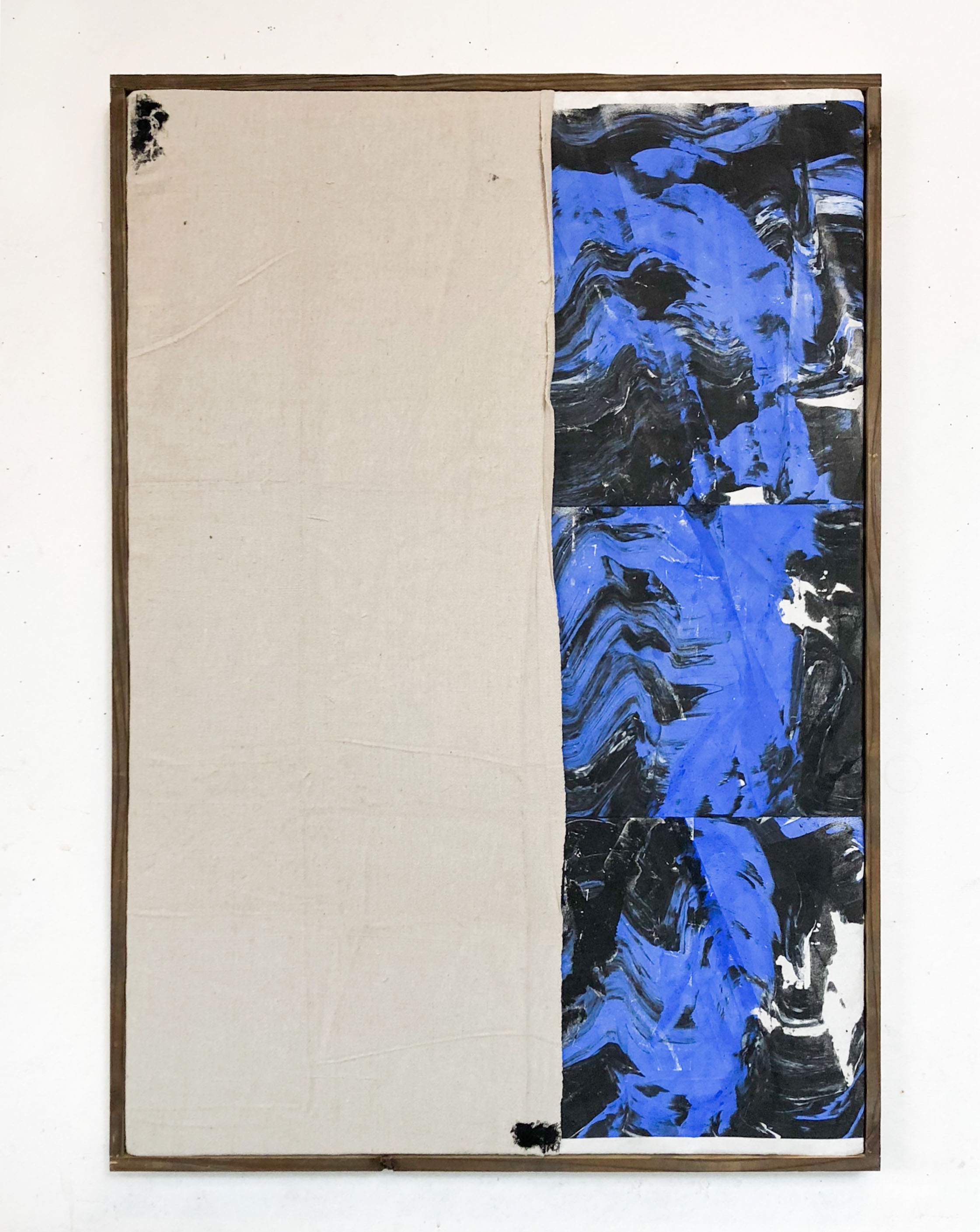 SHIV’AH (שבעה), gesso, oil stick and ink with sand from the West Bank and Israel on linen and microsuede. Stretched on silkscreen frame 26” x 37”, 2017