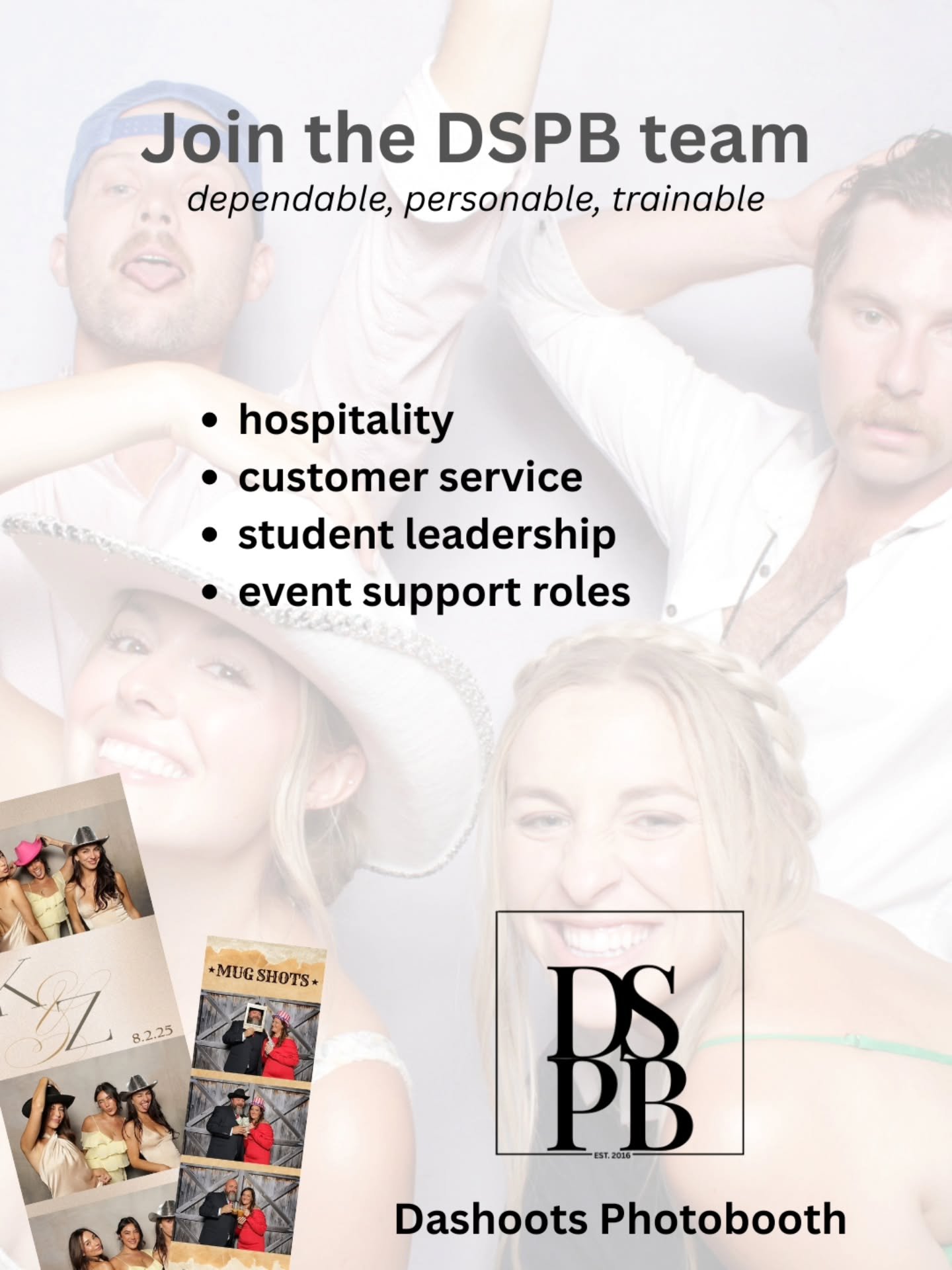 Dashoots Photobooth is looking for one dependable person interested in occasional project and event work.

This would start with office projects, inventory organization, and learning equipment setup, with opportunities to assist at weddings, corporat