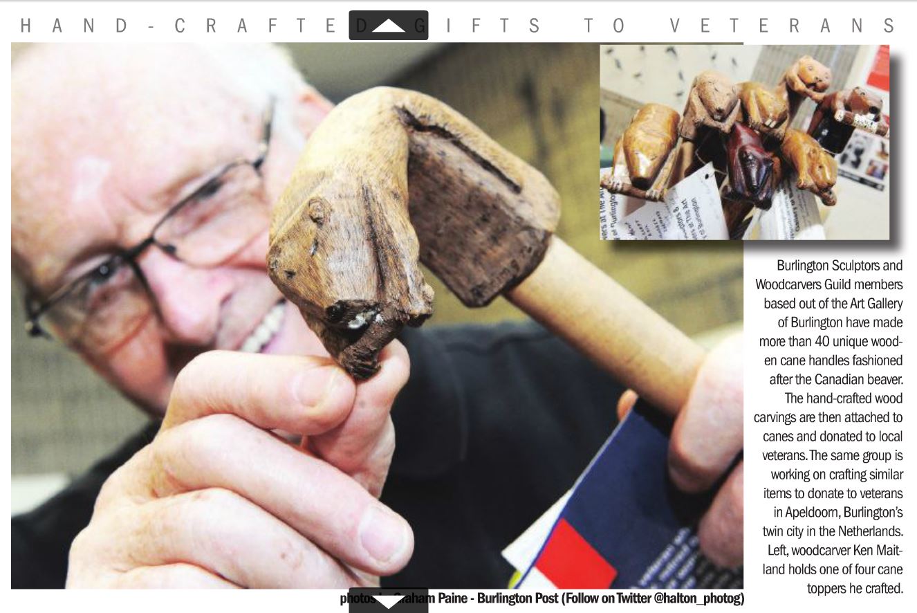 Woodcarver Guild Members who have made more than 40 unique wooden cane handles which were donated to local veterans. They are also working on cane handles to donate to veterans in Burlington's twin city: Apeldoom, Netherlands. Pictured here, Ken Maitland. Photo by Graham Paine - Burlington Post (@halton_photog on Twitter).