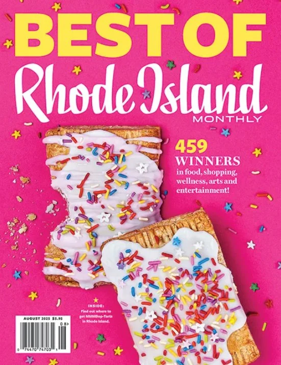 Cover of Rhode Island Monthly magazine featuring two s'mores with colorful sprinkles on a pink background, celebrating 459 winners for food, shopping, wellness, arts, and entertainment in Rhode Island.