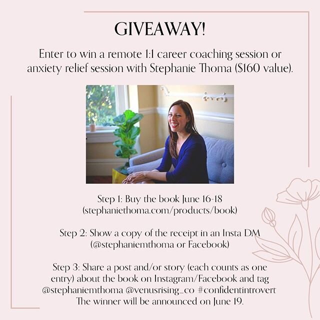 ✨GIVEAWAY✨Enter to win a remote 1:1 career coaching session or anxiety relief session with @stephaniemthoma ($160 value)!⠀⠀⠀⠀⠀⠀⠀⠀⠀
⠀⠀⠀⠀⠀⠀⠀⠀⠀
Step 1: Buy the book June 16-18 (stephaniethoma.com/products/book)⠀⠀⠀⠀⠀⠀⠀⠀⠀
⠀⠀⠀⠀⠀⠀⠀⠀⠀
Step 2: Show a copy of 
