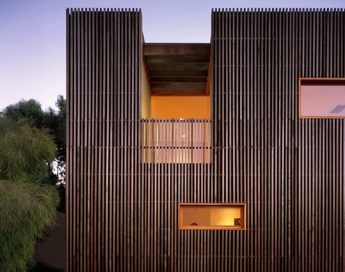 Detail of redwood cladding at the atrium.