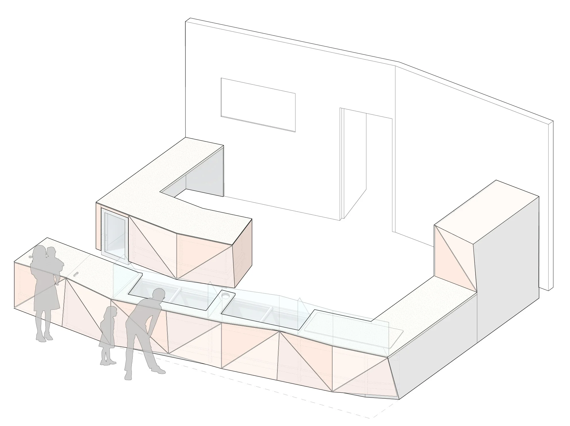 Isometric view of the front of house product display and workspaces byond.