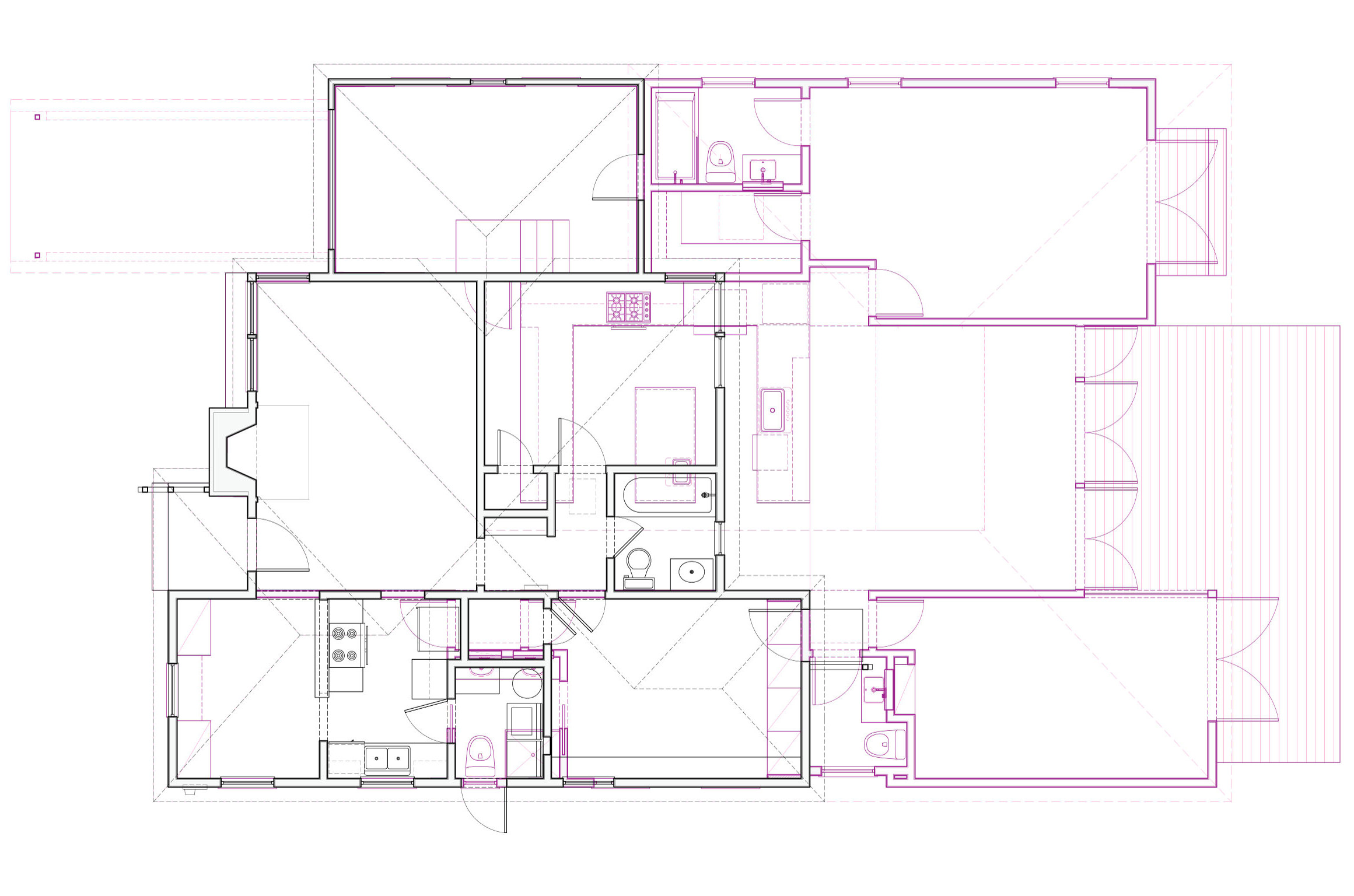  The original house plan with the new plan overlaid in magenta. 