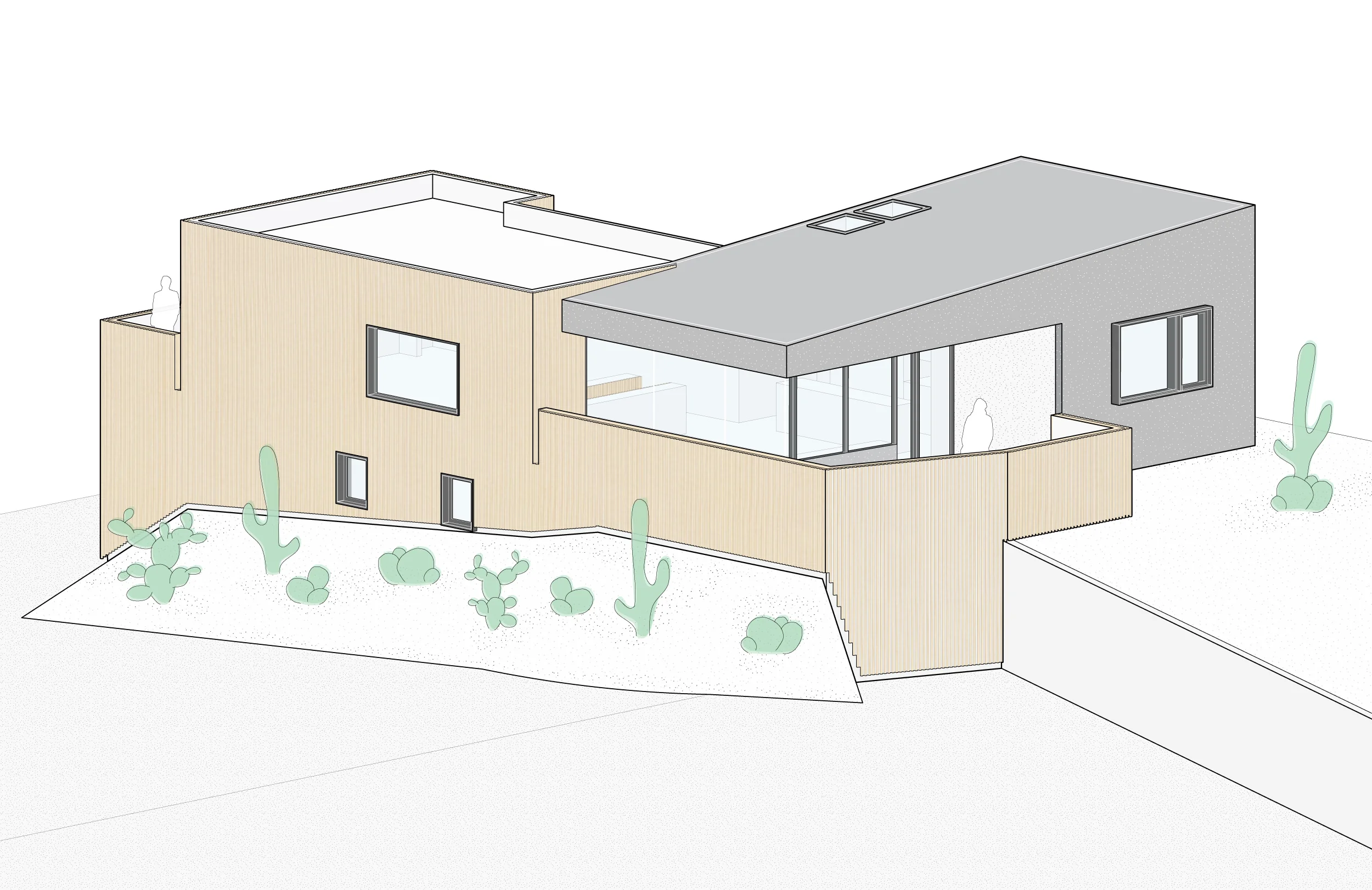 Isometric drawing showing the cedar cladding that wraps the dark stucco addition.