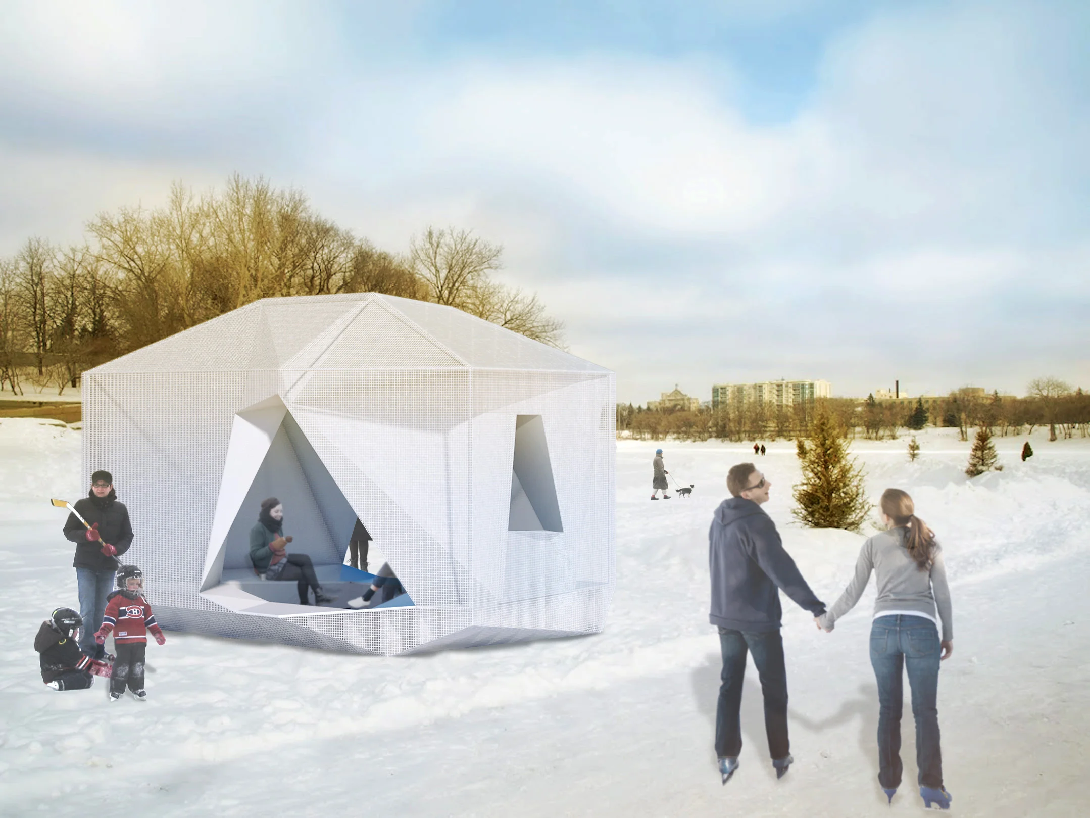 The ice covered netting exterior and interior skin of stretched fabric, creates a deep semi-transparent facade.