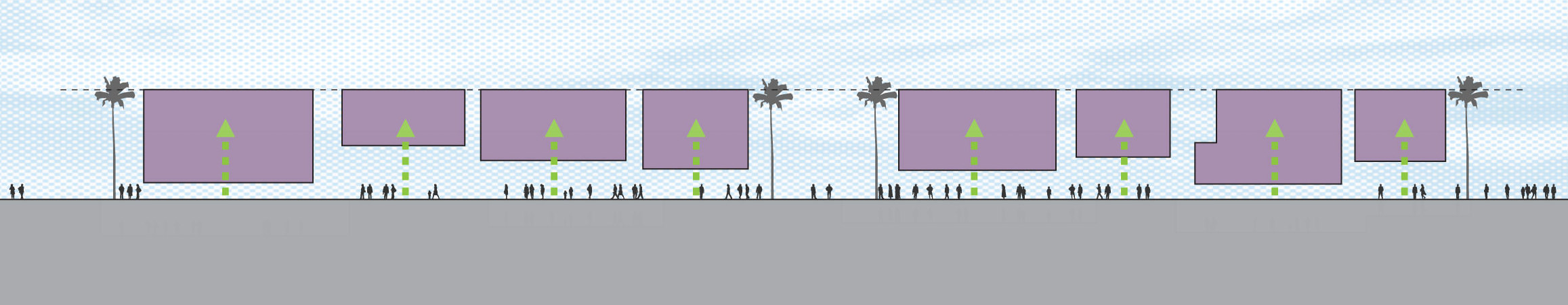  The aligning the buildings to the height limit frees the ground plane for public activity. 