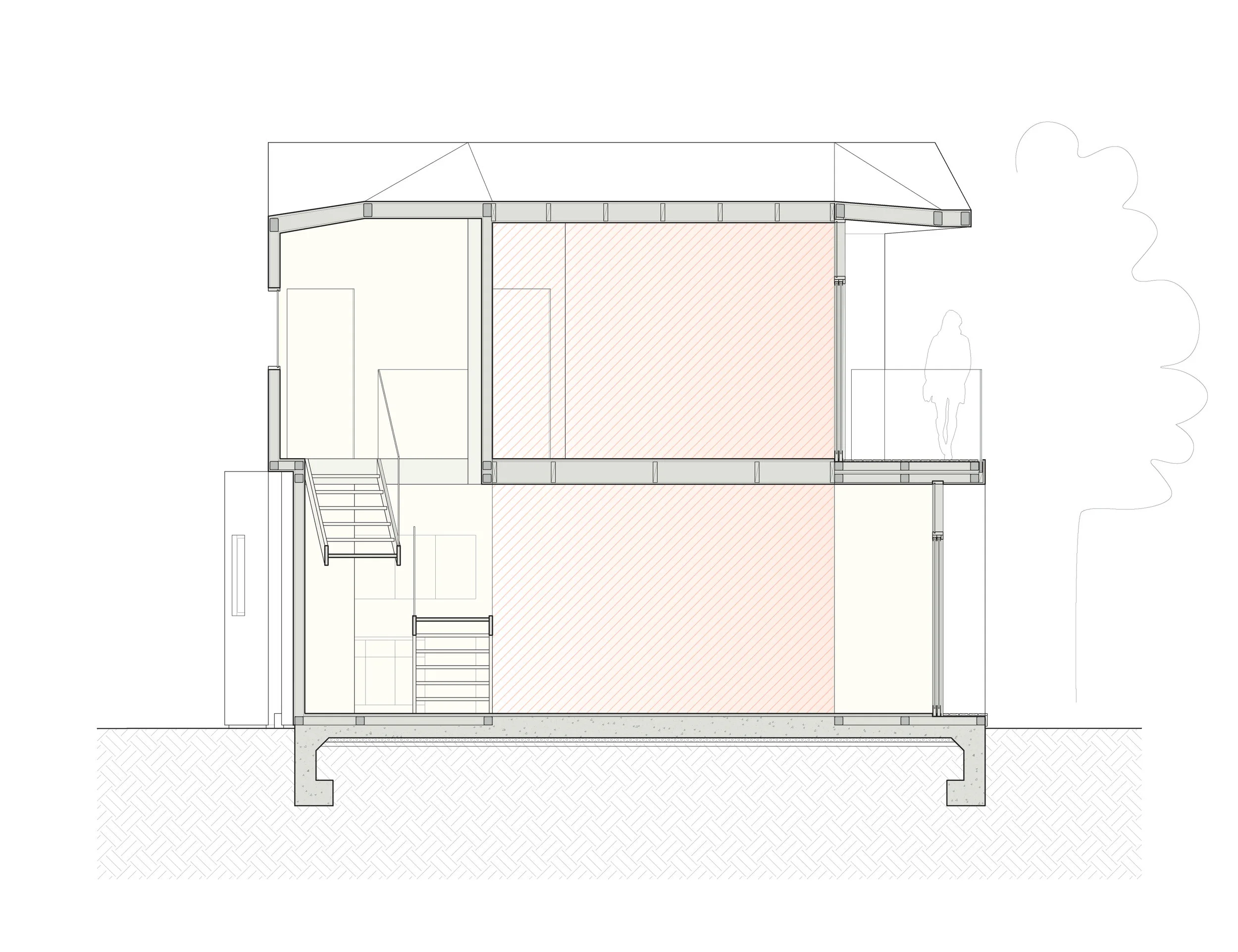 Transverse section showing the wood framing spanning between the structural Bookends.