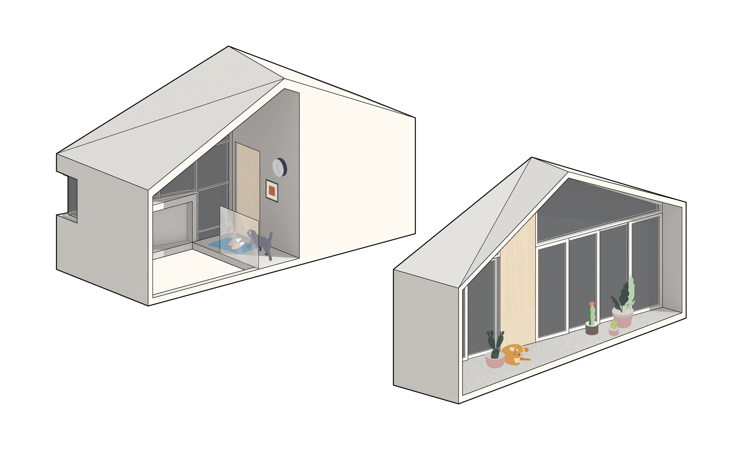 Second-floor "A" bookend (left) incorporates the bathroom and stair. Second-floor "B" bookend (right) incorporates glazing and the door systems. The doors are setback to provide an optional balcony.