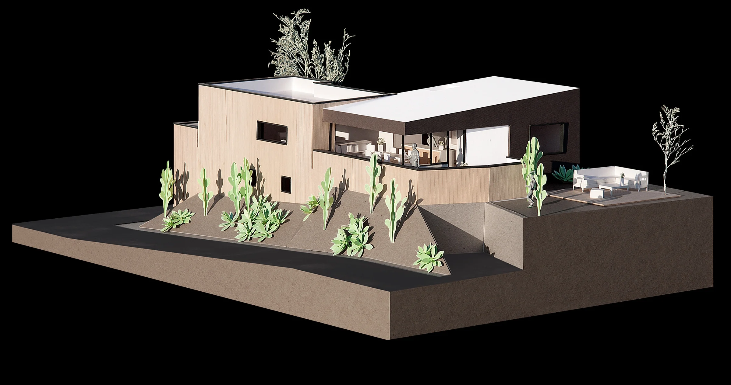 View of the model showing the balcony which faces the back yard and view.
