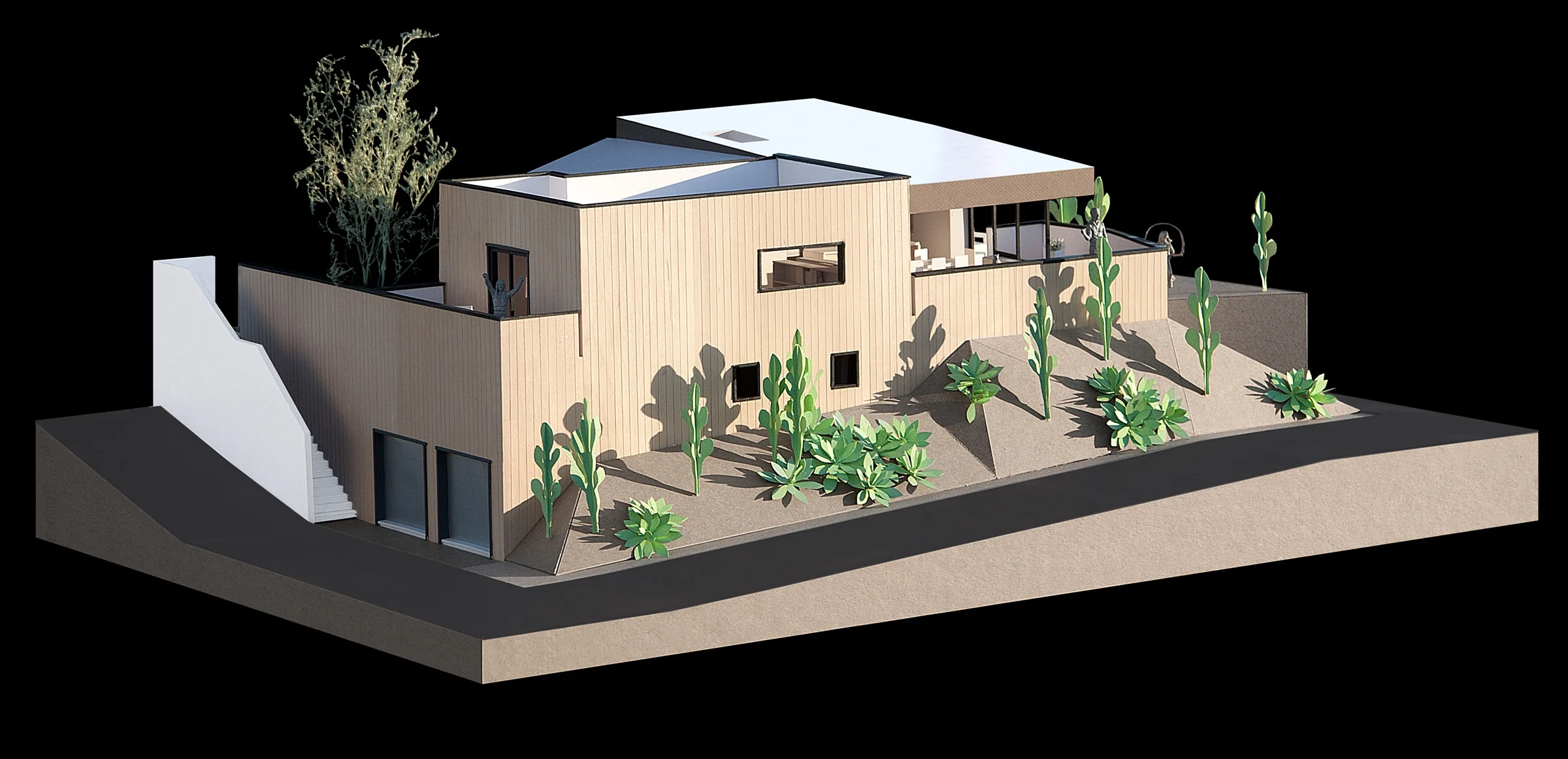 View of the model showing the facade which faces a prominent corner in the Mount Washington neighborhood of Los Angeles.