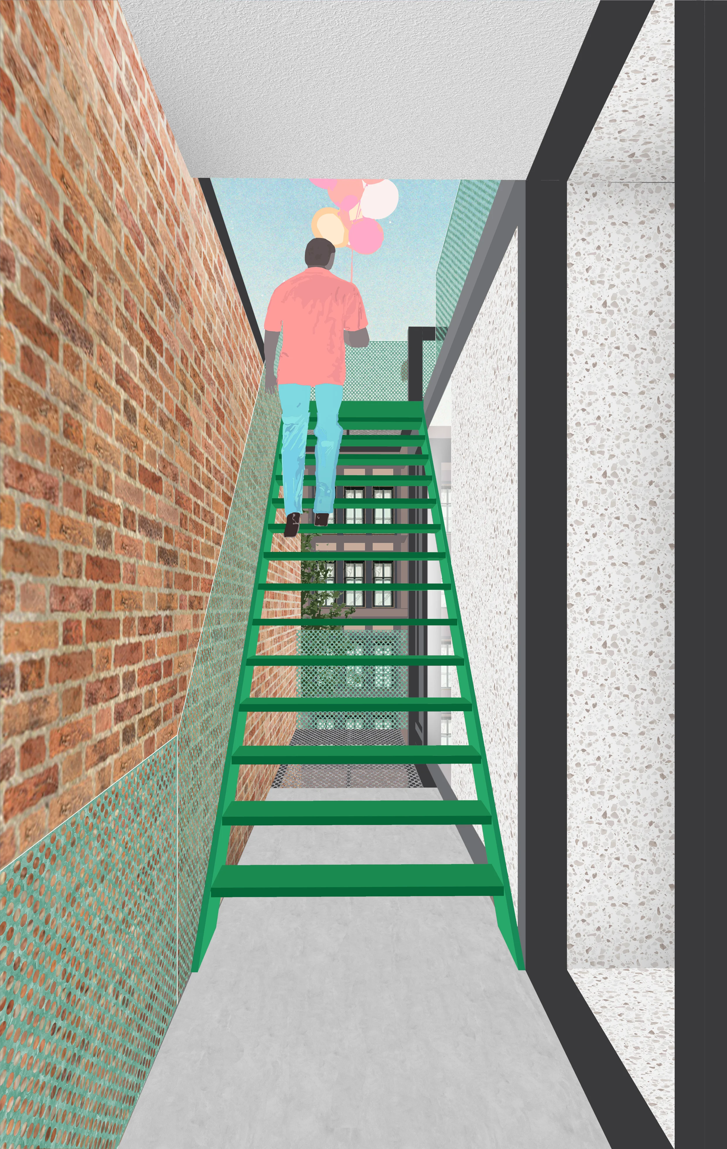 View of stairs that lead to the rooftop deck.