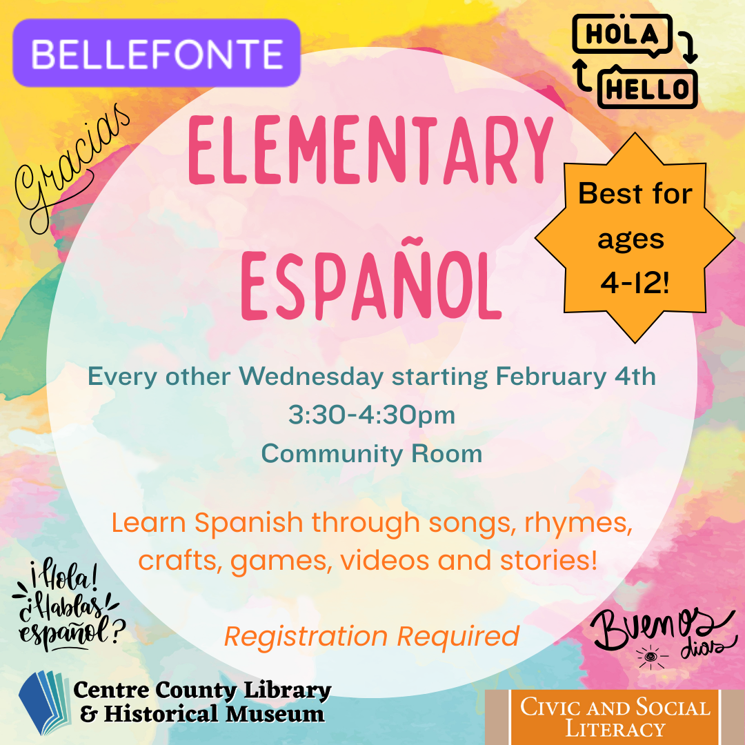 Elementary Espanol. Best for ages 4-12! Every other Wednesday starting February 4th, 3:30 - 4:30 PM. Community Room. Learn Spanish through songs, rhymes, crafts, games, videos and stories! Registration required. Pictures of various Spanish words.
