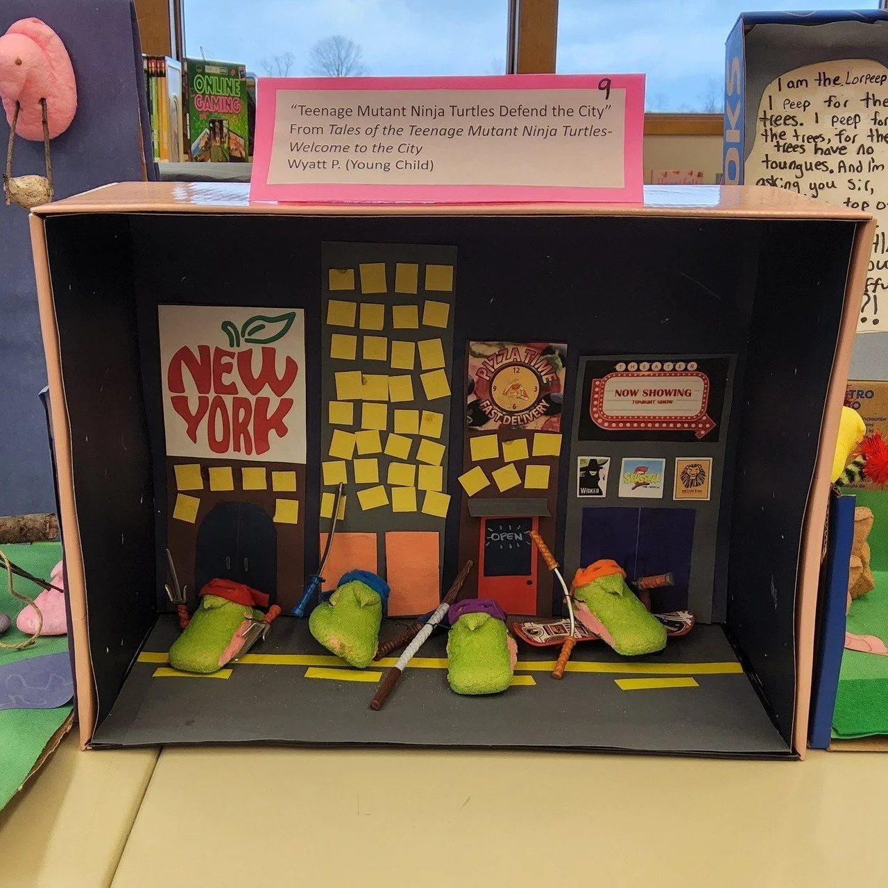 Peep diorama from the 2025 contest in Centre Hall titled “Teenage Mutant Ninja Turtles Defend the City” entered by Wyatt P.  into the Child category. This entry was winner of the “Peep-le’s Choice Award” of 2025.