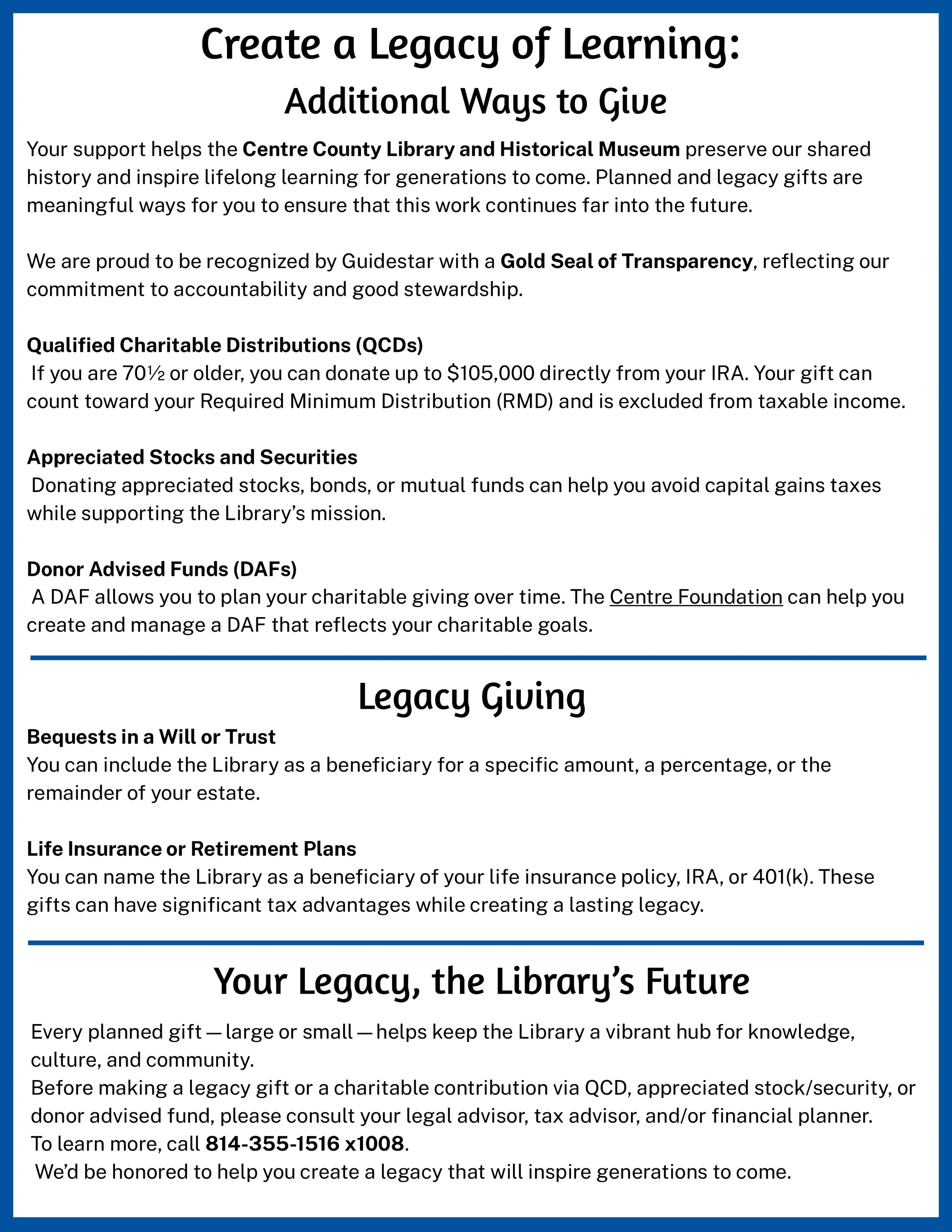 This is a detailed explanation of other ways to give to the library. A PDF file of the contents can be downloaded by clicking on this image.