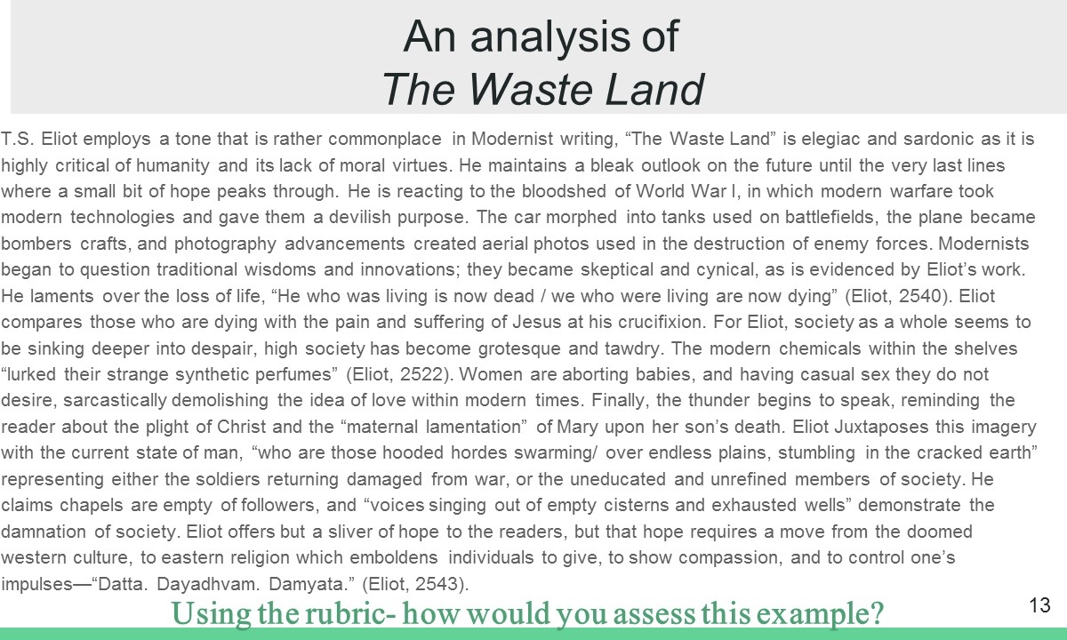 This is an example from my Literary Analysis unit. Students assess this literary analysis based on the rubric I have provided for them! 