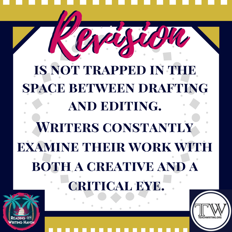 revision continues through the end of the writing process. It's not trapped in the space between drafting and editing. Writers constantly examine their work and decide to tweak it. (3).png