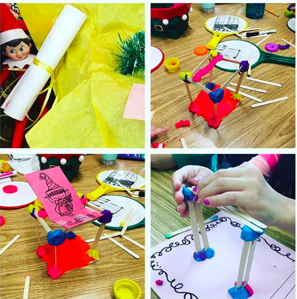 Some action shots of our elf delivering our letter from Santa and students working on completing their shelves.