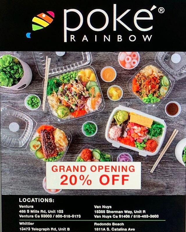 New Member of Poke Rainbow in Ventura! 
Grand Opening，everything 20% off!! 🌈 🥳 🎉🎉💖 Come to check us out! Healthy and delicious 😋 
Hope to see you soon🥰👍
488 S Mills Rd, #103, Ventura, CA 93003 
#ventura #pokebowl #seafood #rawfish #sushi #hea