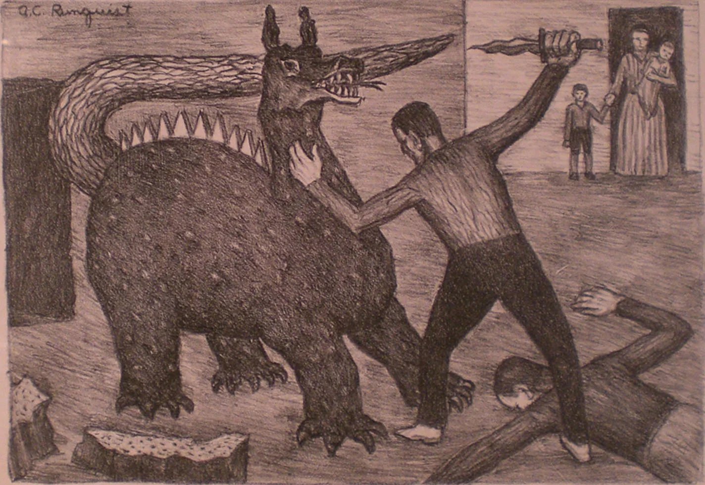 Man Fighting Dragon , print, 14 x 18 Pathways Original Print Collection