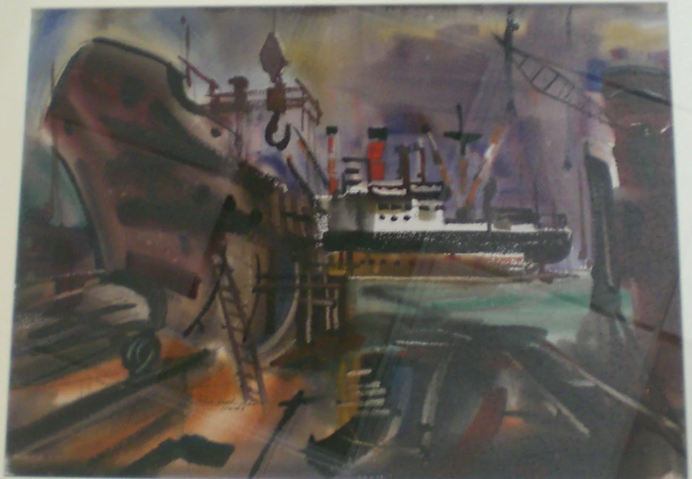 Shipyard , water color, 32x25 Pathways Private Collection