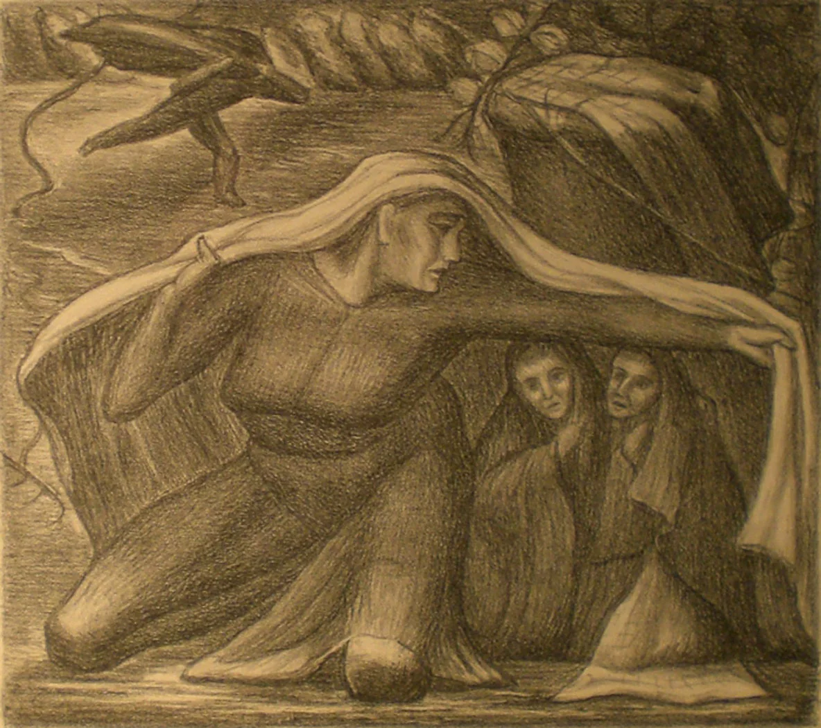 Woman shielding Children , print, 17x16 $750 Martina Gangle Curl