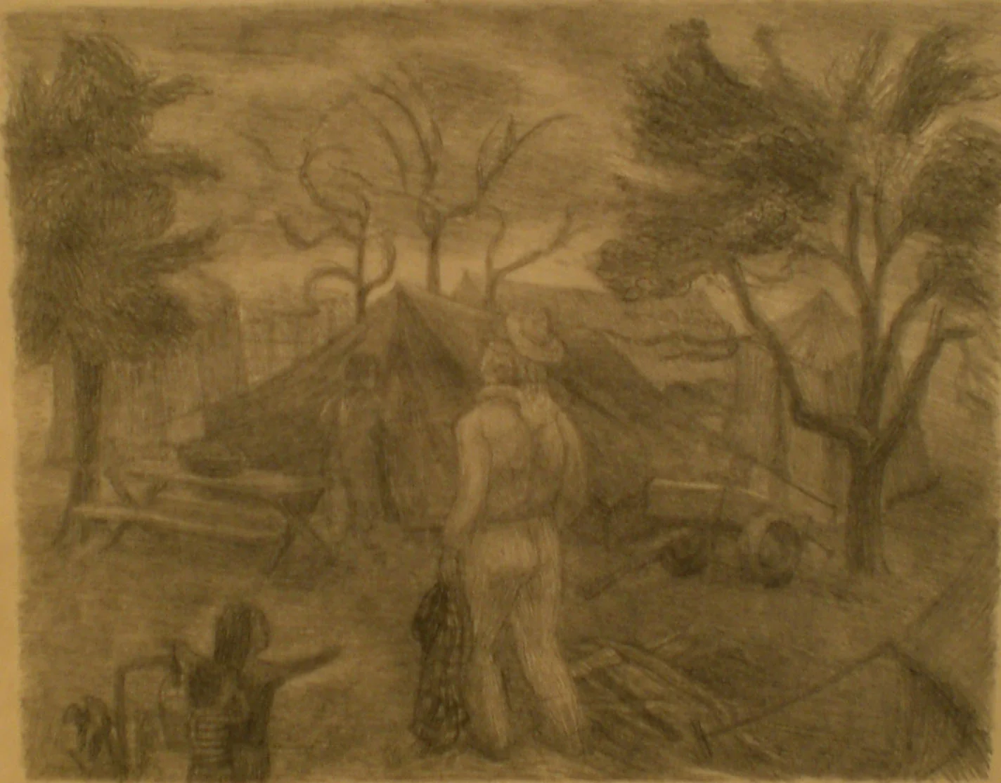 Tent and Workers , 13 ½ x 15 ½ Martina Gangle Curl