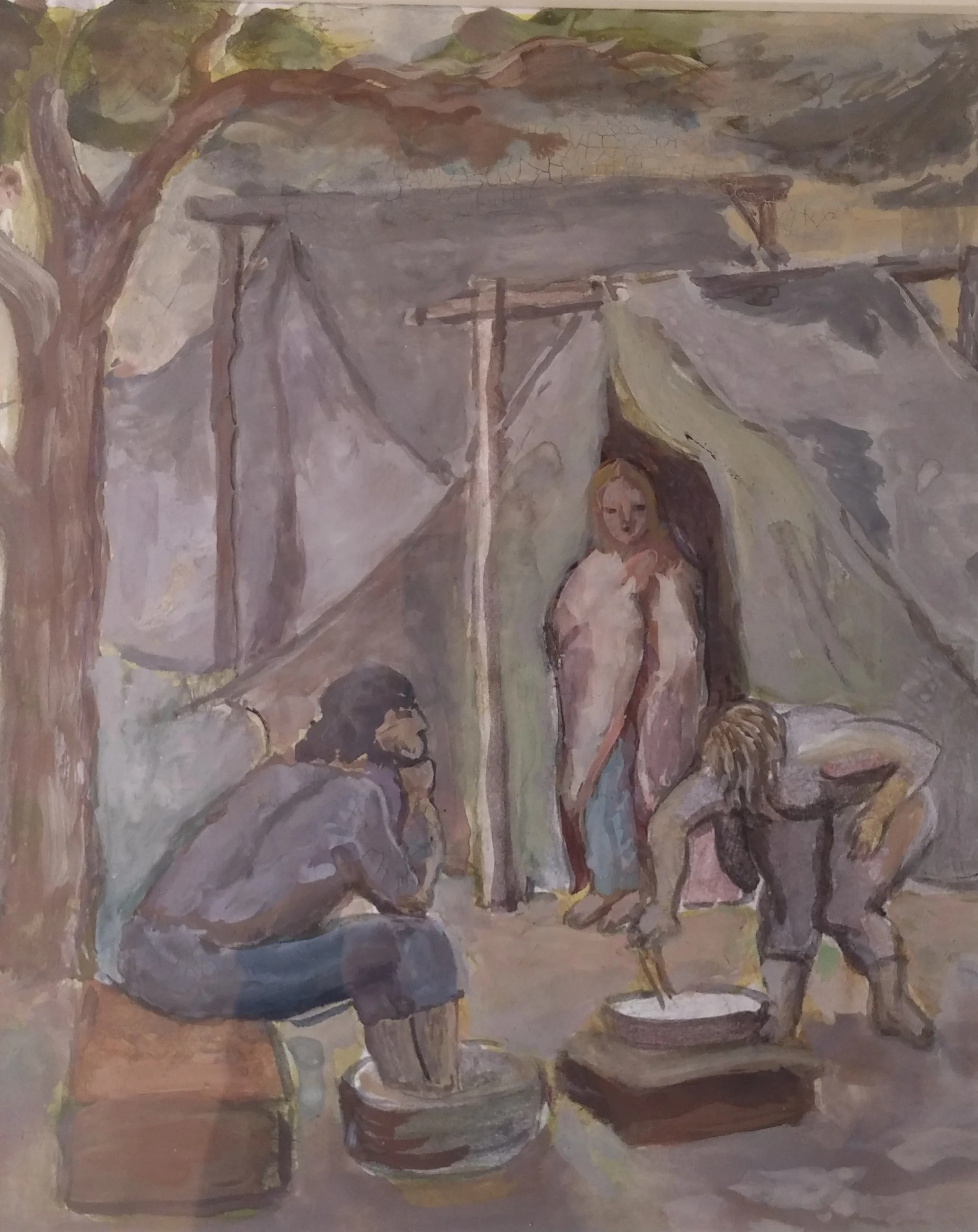 Migrant Workers in Tent , gouache, 6x12 Pathways Private Collection