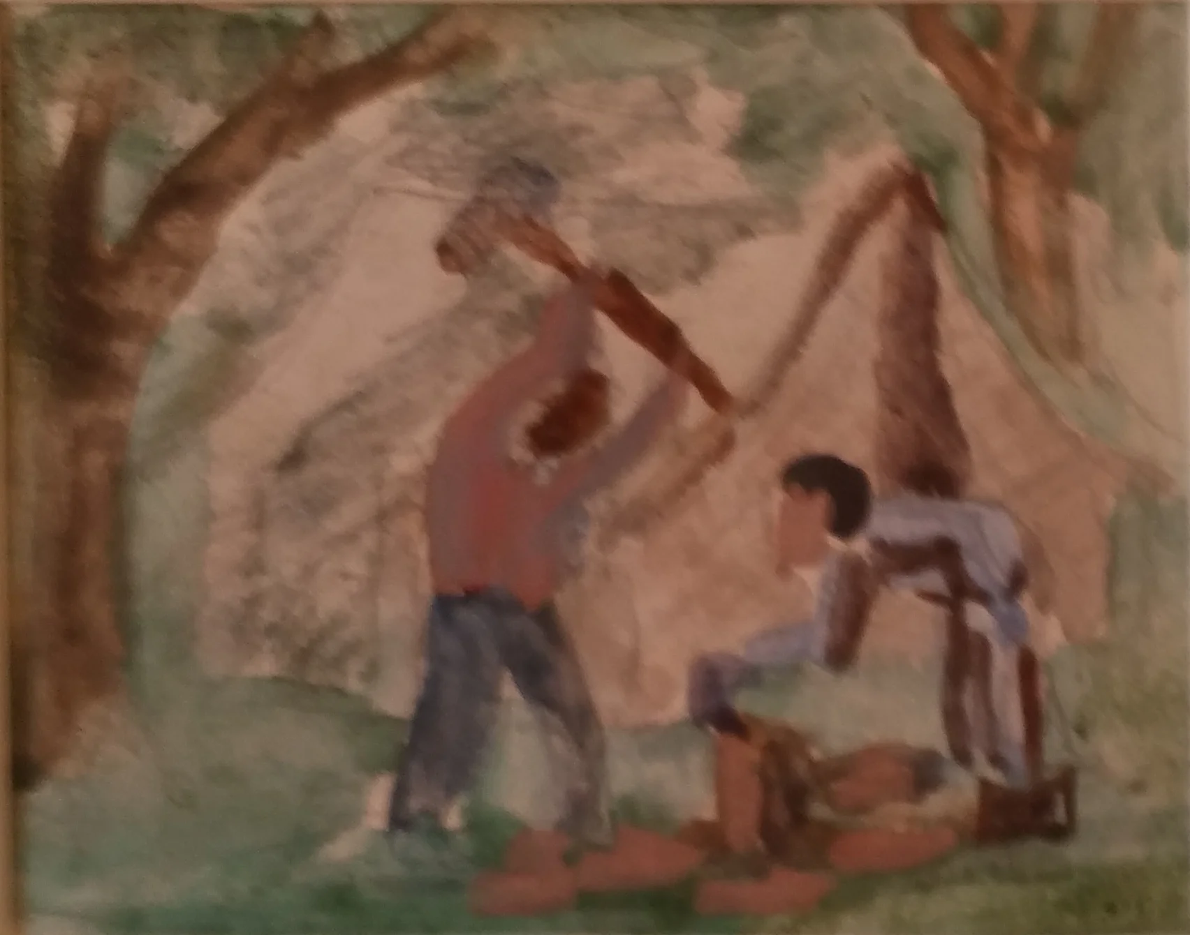 Migrant Workers chopping wood , water color, 3x4 Pathways Private Collection