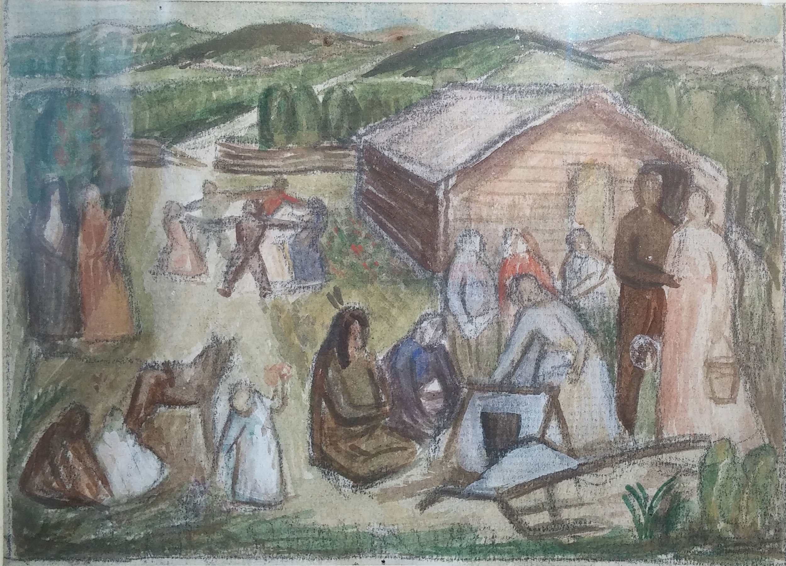 Pioneer Mural Study (Mural at Rose City Park school) , water color, 3x4 $800 Martina Gangle Curl