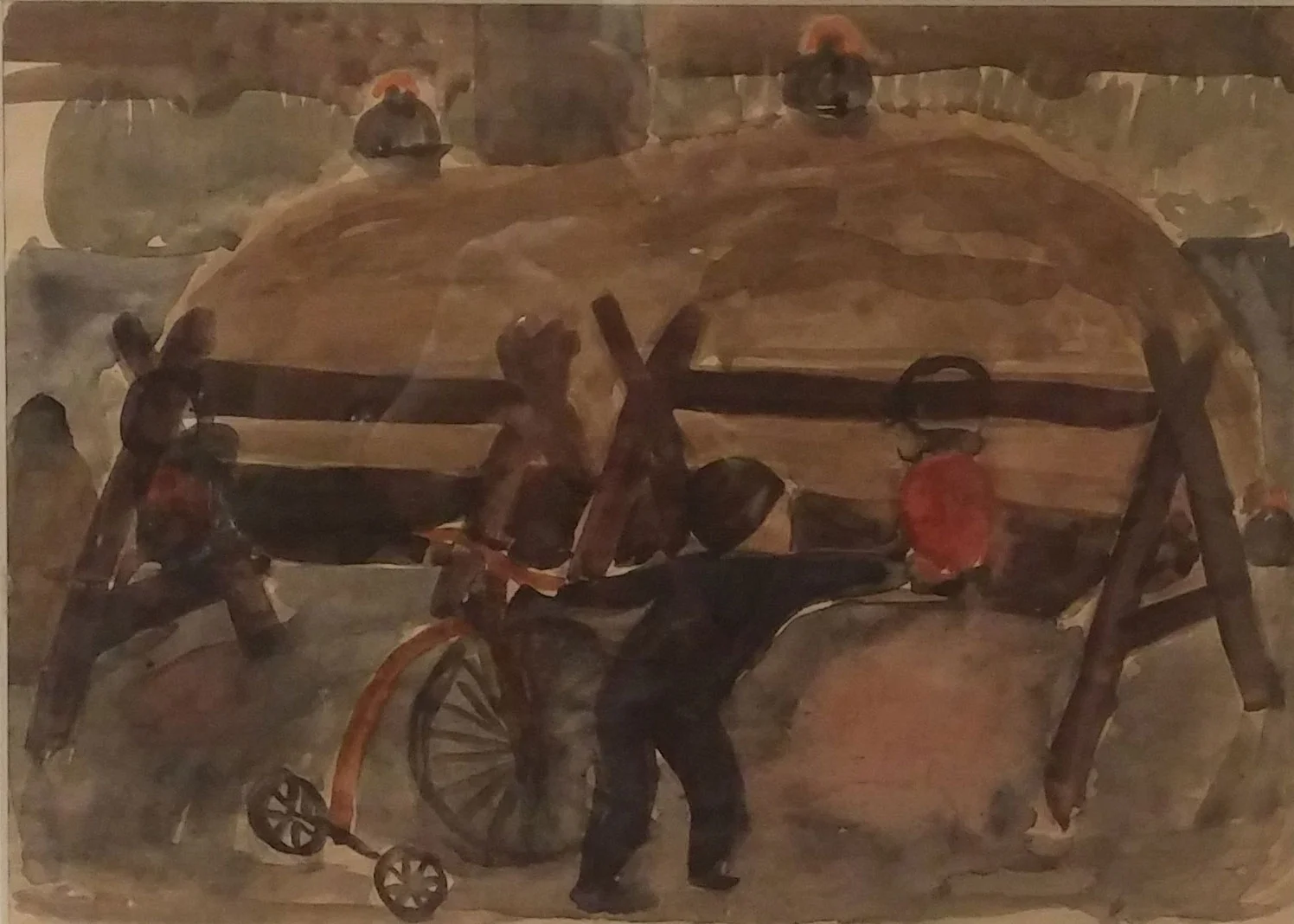 Child With Red Construction Lantern , water color, 19x15 Pathways Private Collection