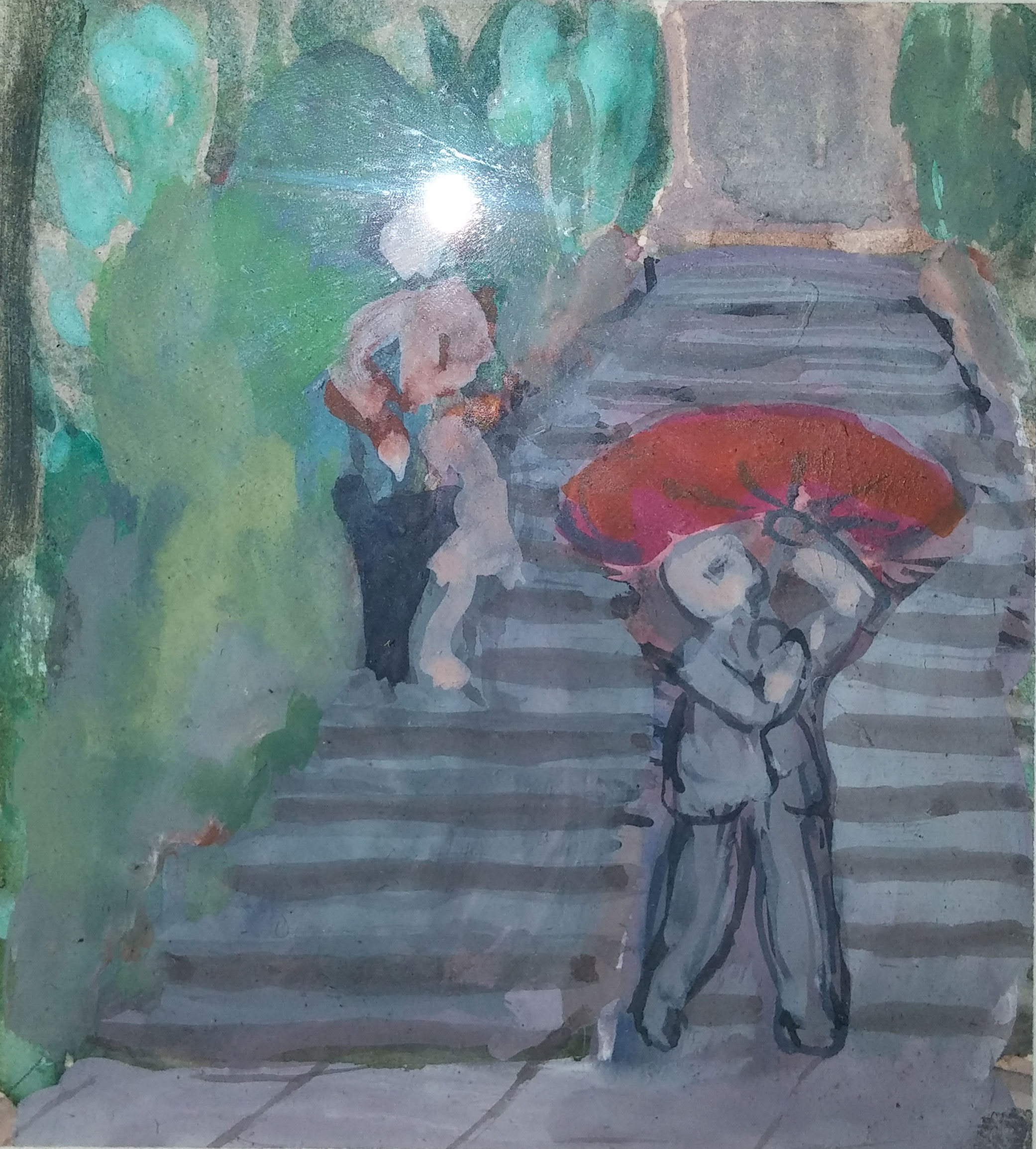 People on Stairway , water color, 3x4 Pathways Private Collection