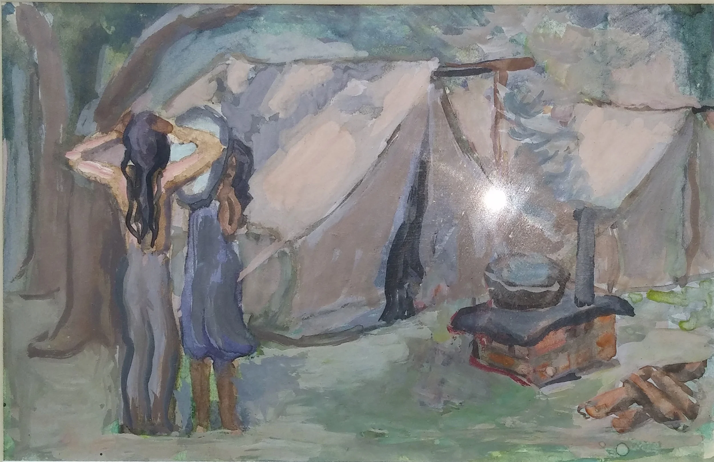 Migrant Girls , water color, 5x10 Pathways Private Collection