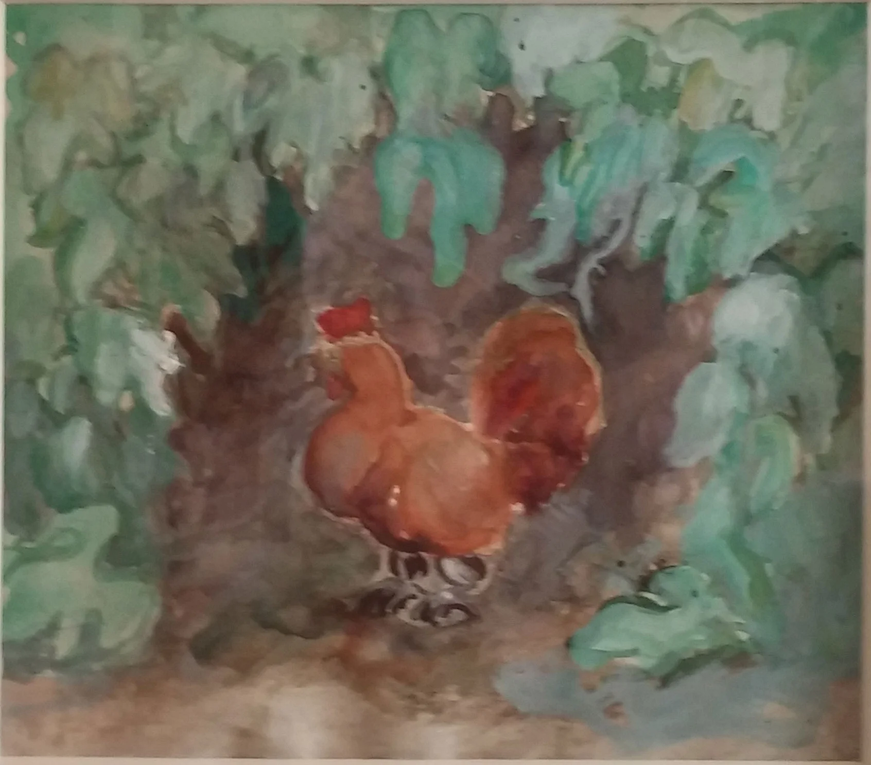 Hen in garden , water color, 15x14 Pathways Private Collection