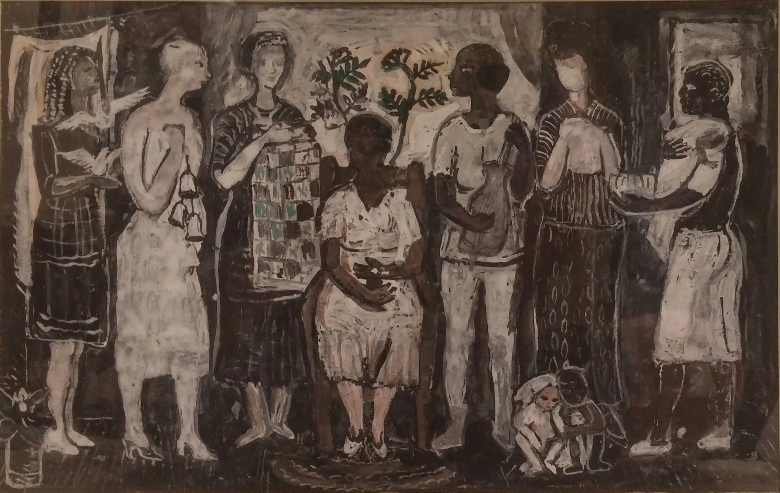 Women and Children , water color, 21x17 Pathways Private Collection