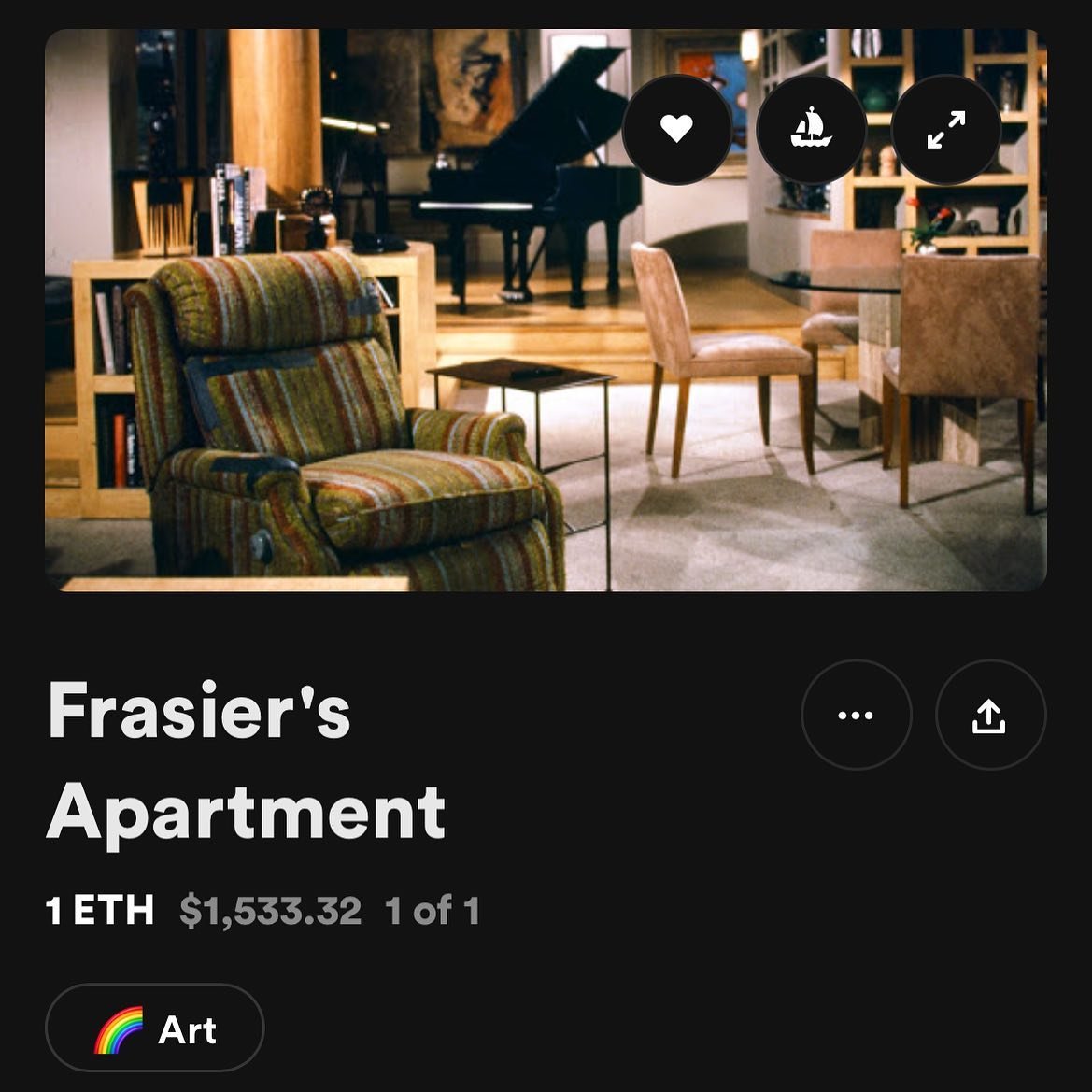 Introducing the worlds first Frasier-themed NFT crypto art. Available now for a very reasonable 1 ETH on Rarible. LINK IN BIO