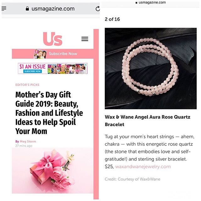MOTHER&rsquo;S DAY THROWBACK to last year when the lovely @meg_storm featured our faceted Angel Aura Rose Quartz bracelet on Us Weekly&rsquo;s Mother&rsquo;s Day Gift Guide. This was most definitely one of the most exciting highlights in 2019 for us 