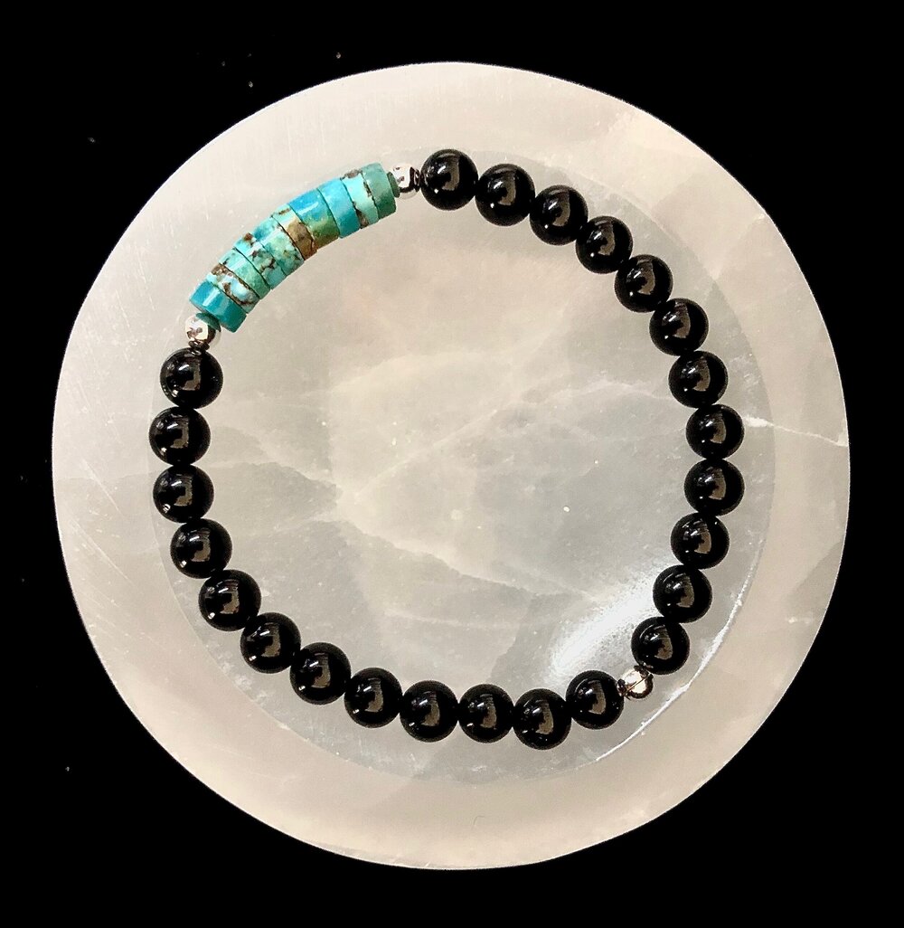 Turquoise Heishi Beads & Black Tourmaline & Sterling Silver Bracelet 6mm —  Wax & Wane